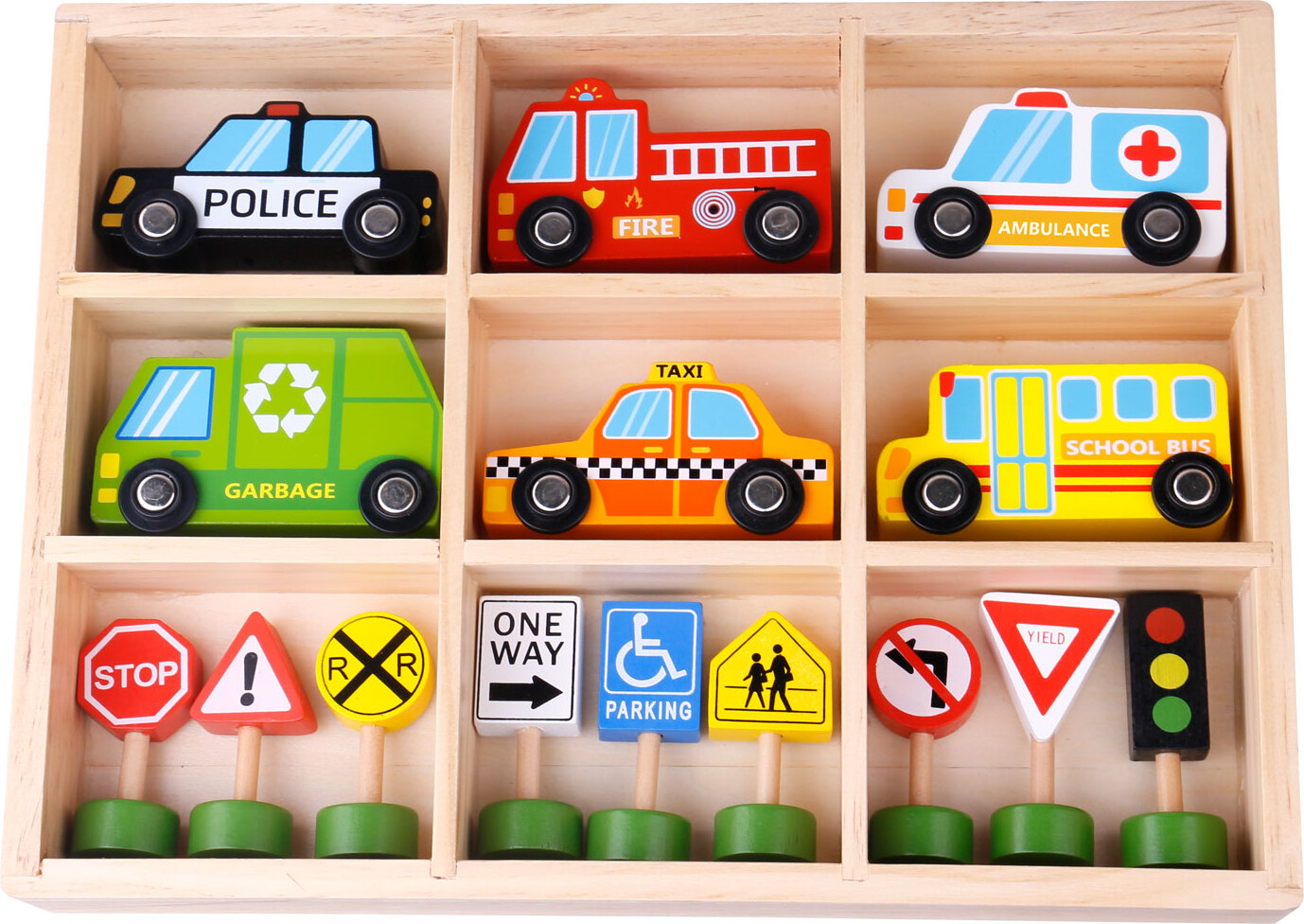 Tooky Toy Holzfahrzeuge und Verkehrszeichen-Set 16-teilig TKF050