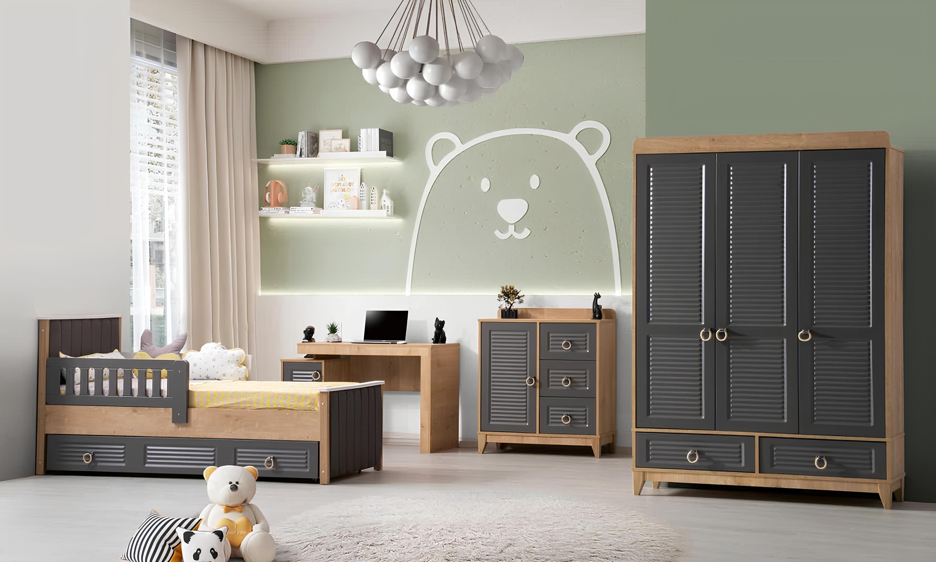 Komplette Kindermöbel Kinderbett Holz Möbel Set 4tlg Kinderzimmer Grau