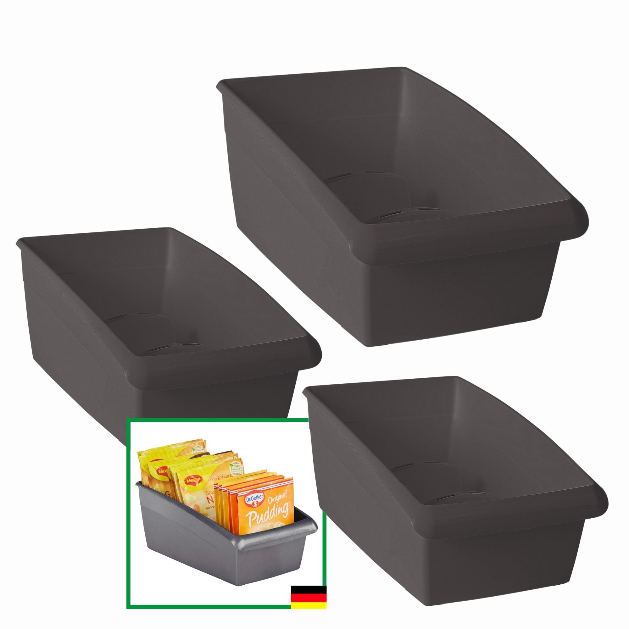 Novaliv Suppentütenboxen 3er Set - 2x klein & 1x groß ANTHRAZIT GRAU - Gewürzaufbewahrung Box - Ordnungssystem für Schubladen - Aufbewahrung & Organisation für Dressing & Backzutaten