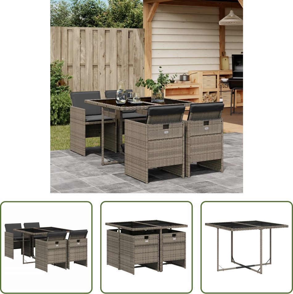The Living Store 5-dielny záhradný jedálenský set s vankúšmi sivý polyratan