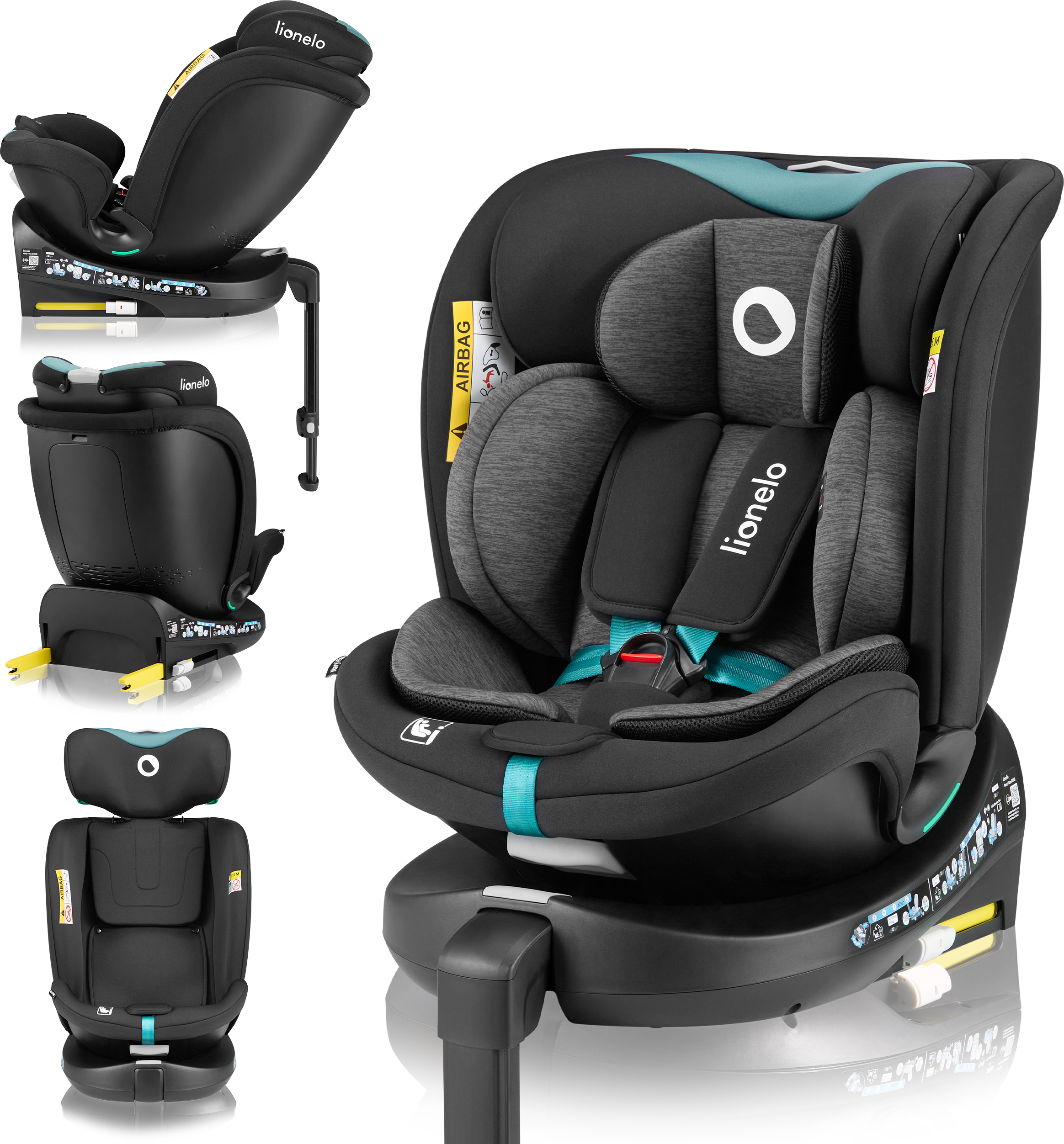 Detská autosedačka Lionelo Navy i-Size 360° EasyTurn otočná základňa, 40-150 cm, inštalácia s ISOFIX a podpernou nohou, štandard R129 - Black Turquoise