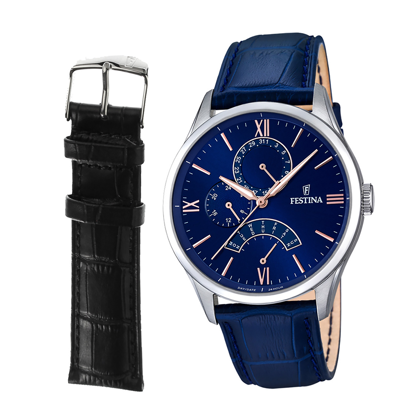 Kožené náramkové hodinky Festina analógové multifunkčné klasické pánske modré D2USF16823/3