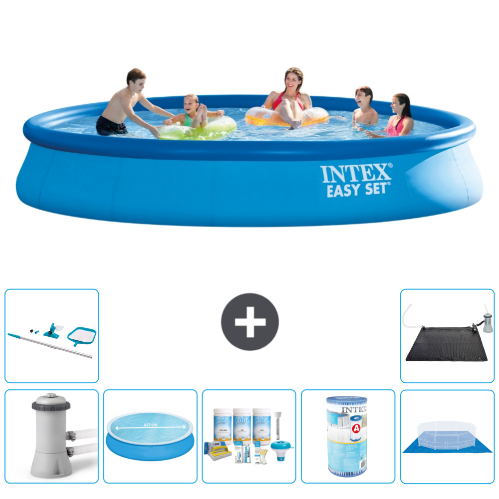 Okrúhly nafukovací bazén Intex Easy Set - 457 x 84 cm - modrý - vrátane markízy s čerpadlom - balík na údržbu - filter - podložka - čistiaca súprava - solárna podložka