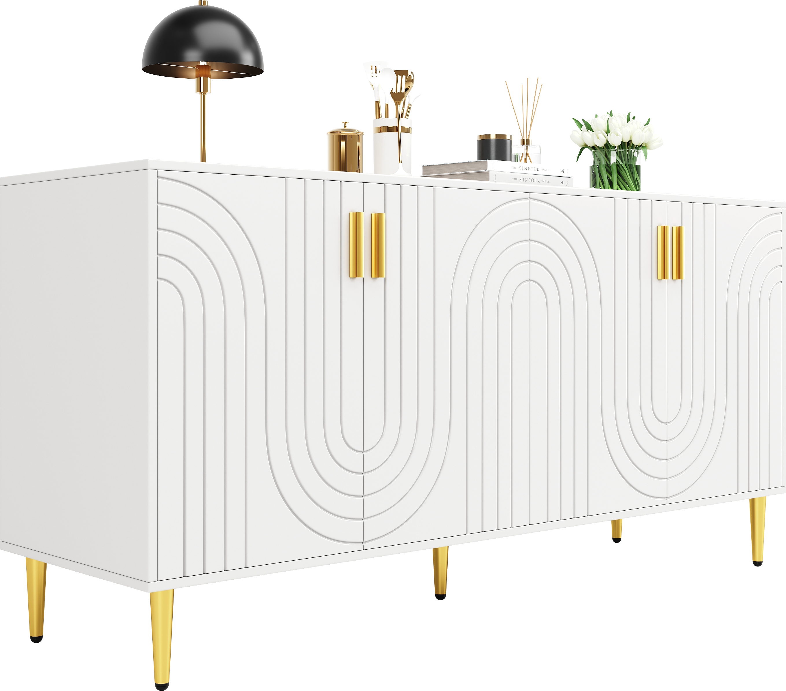 Sideboard 152x40x75 Cm Schwarz - Kommode Mit Geometrischem Design & Goldenen Griffen
