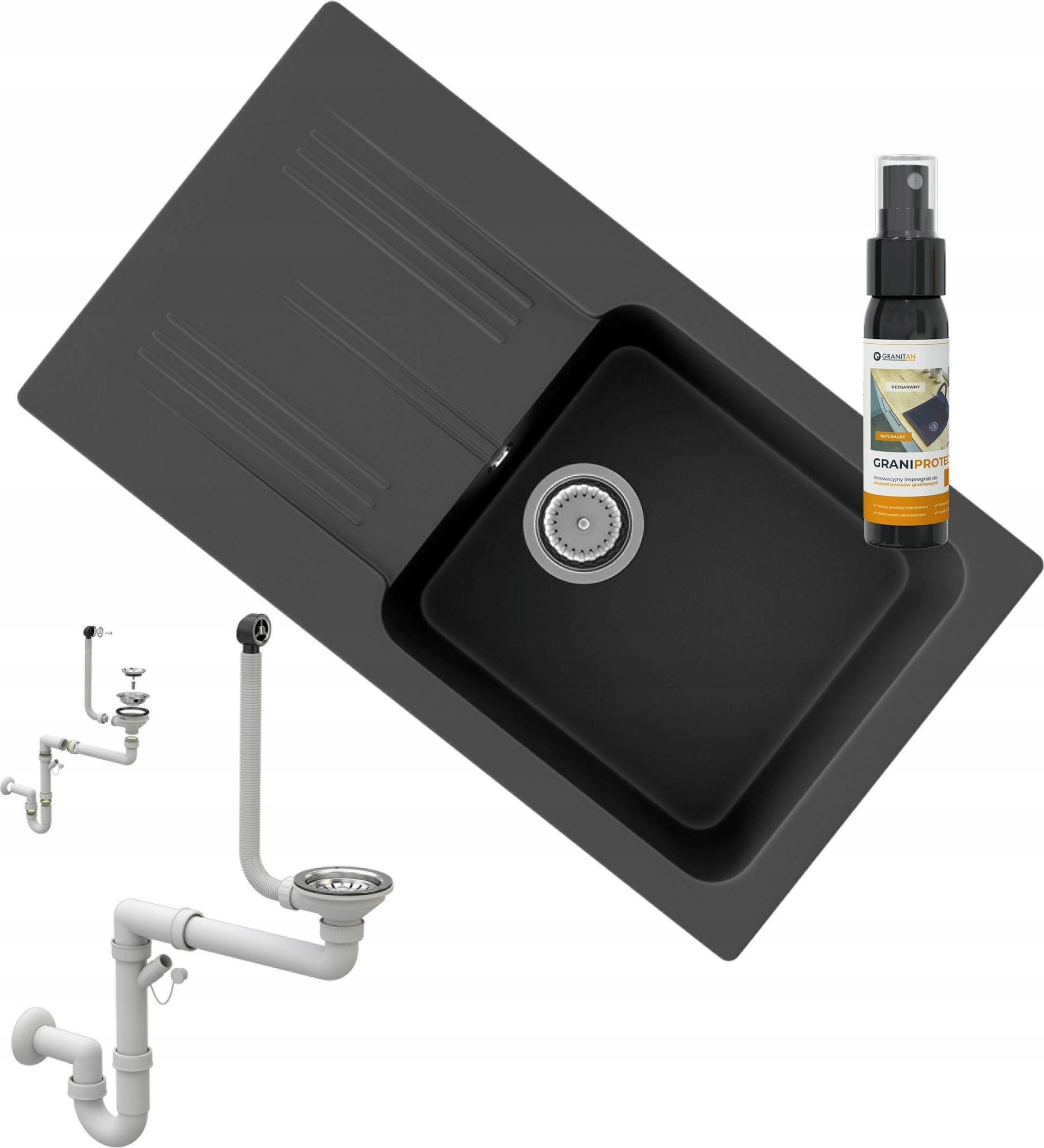 Granitan | Granitspüle ADA - 775 x 435 mm - Schwarz - Einbauspüle mit Syfon und Pflegeprodukt