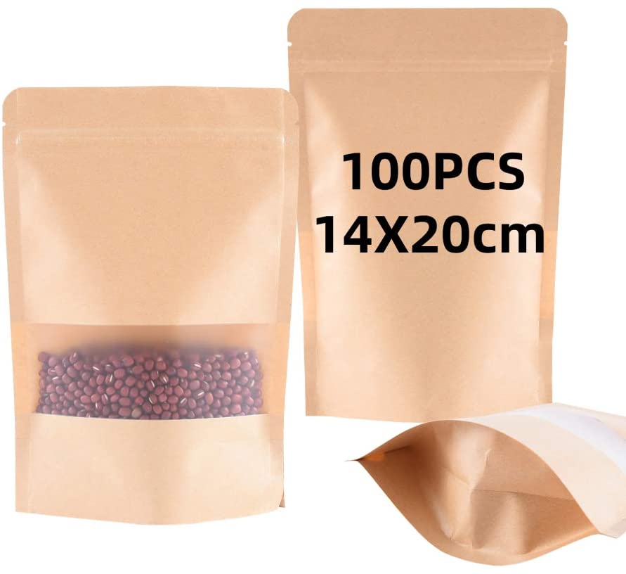 Reißverschluss selbstversiegelnde Aufbewahrungsbeutel für Lebensmittel Nüsse Samen Bohnen Kaffee Süßigkeiten 2 Größen 100 Stück Kraftpapiertüten mit Sichtfenster braune Papiertüten