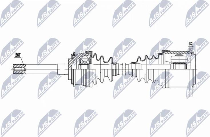 NTY Antriebswelle 533 mm, 26 Zähne Außenverzahnung Radseite, für Vorderachse NPW-TY-202
