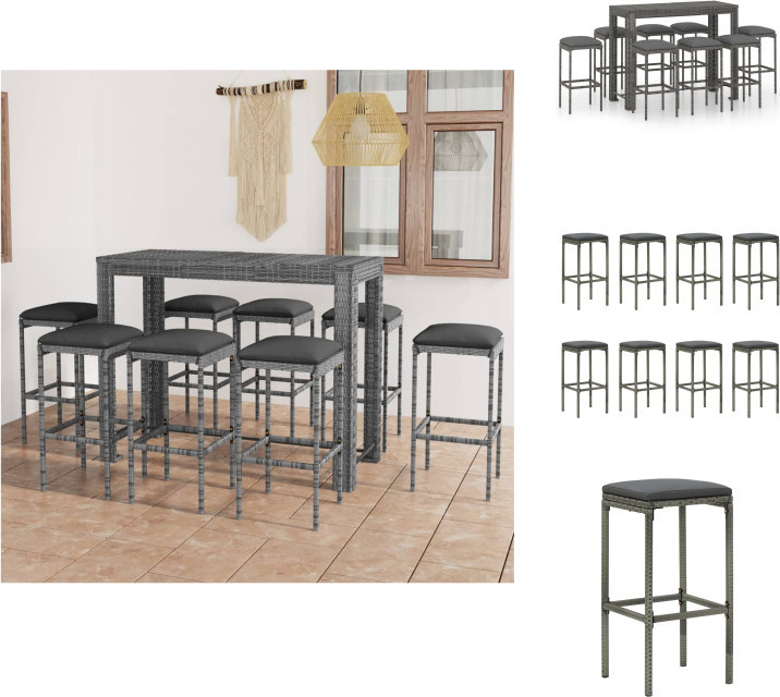 vidaXL 9-dielny záhradný barový set s vankúšmi polyratan sivý - Záhradný nábytok sety