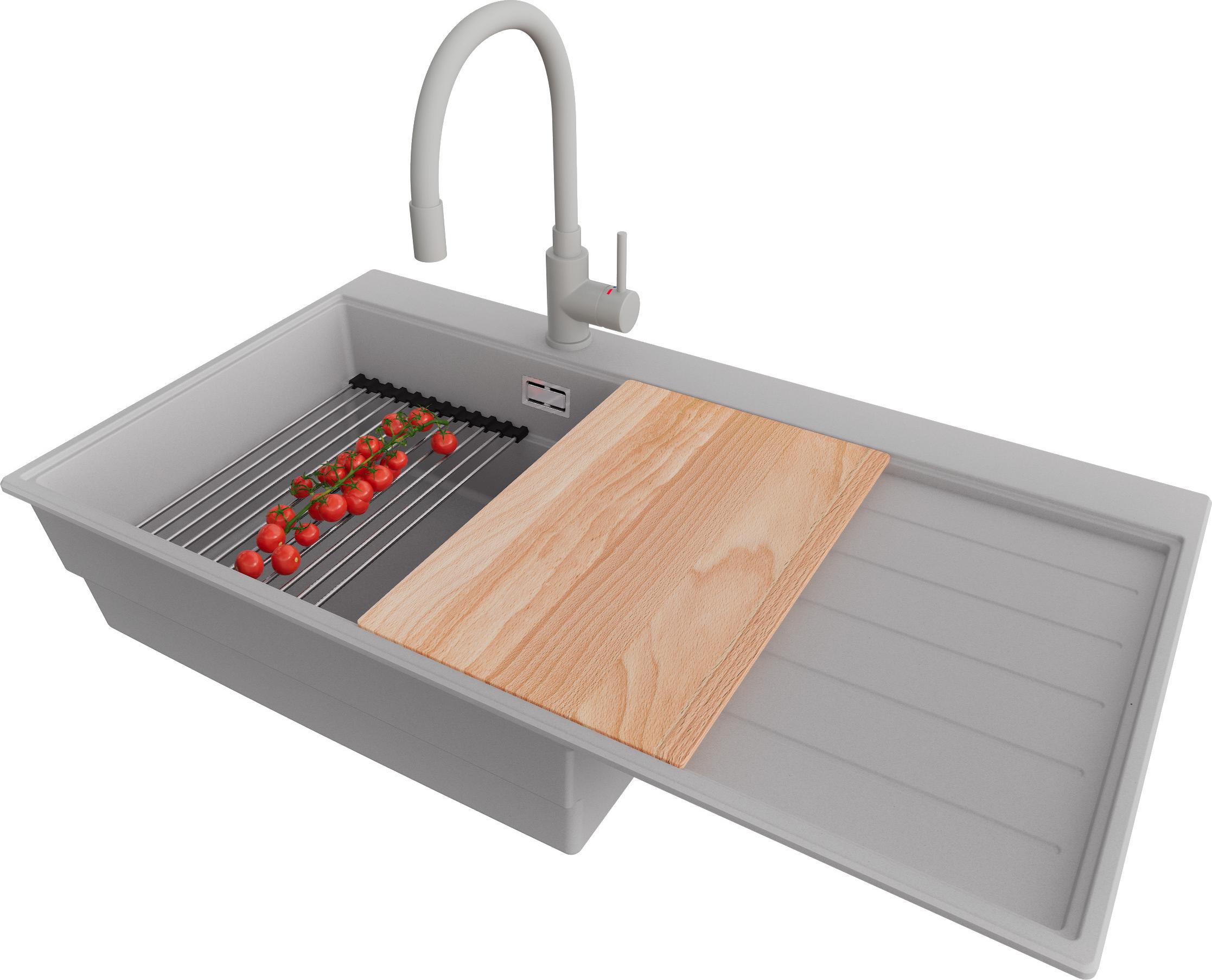 PRIMAGRAN Granitspüle Grau 90x50cm, Spülbecken 1 Becken + Küchenarmatur 38x14cm + Ablauf-Set + Küchenzubehörset, Küchenspüle ab 60er Unterschrank - Sydney