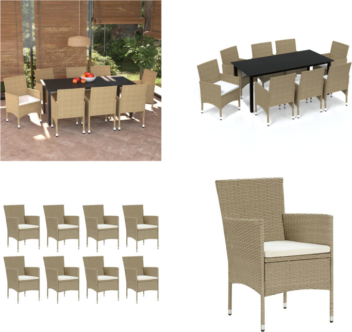 vidaXL 9 tlg. Garten Essgruppe mit Kissen Poly Rattan Beige - Essgruppe - Essgruppen - Garten-Essgruppe - Garten-Essgruppen HL3094990