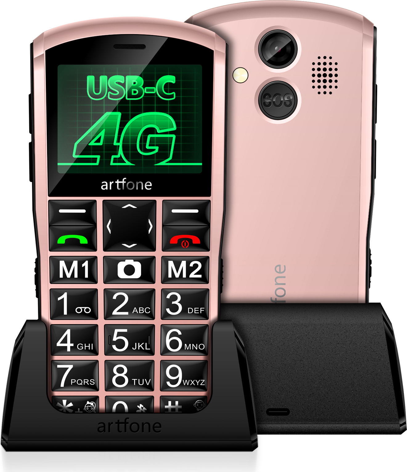 artfone Seniorenhandy A400 mit Notruftaste | Handy mit Kamera | 4G | Dual-SIM | Roségold