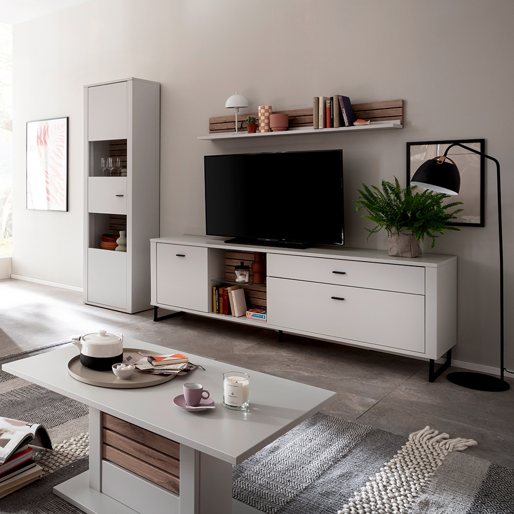 Lomadox Wohnmöbel Set weiß mit Eiche-Lamellen LAUREANA-05 4-teilig LA05-LAUREANA-05-SET27