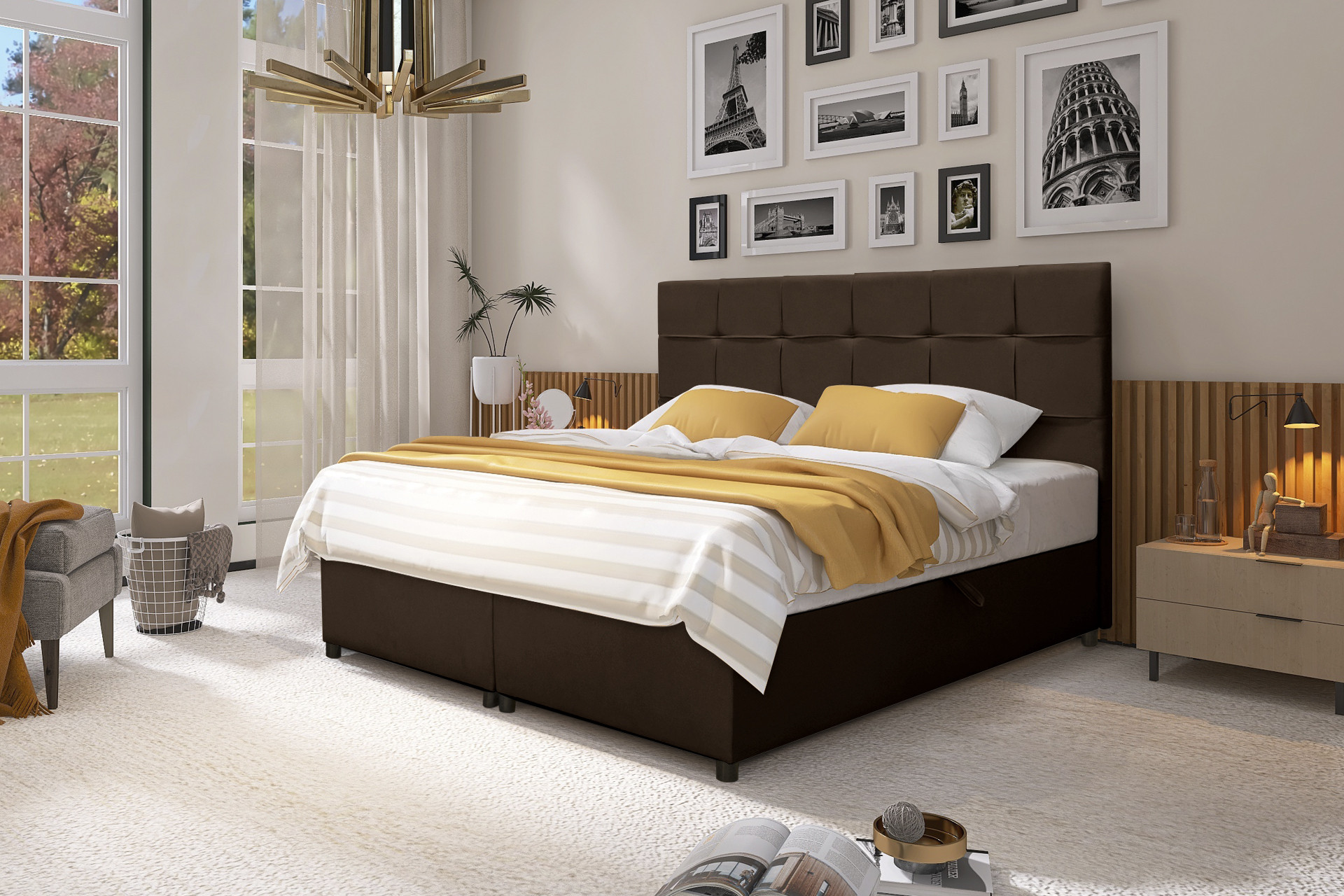 Skriňová posteľ Aether Continental s pružinovým matracom Bonell a topperom, čalúnená posteľ, manželská posteľ (látka Enjoy 4 Brown) (180 x 200 cm)
