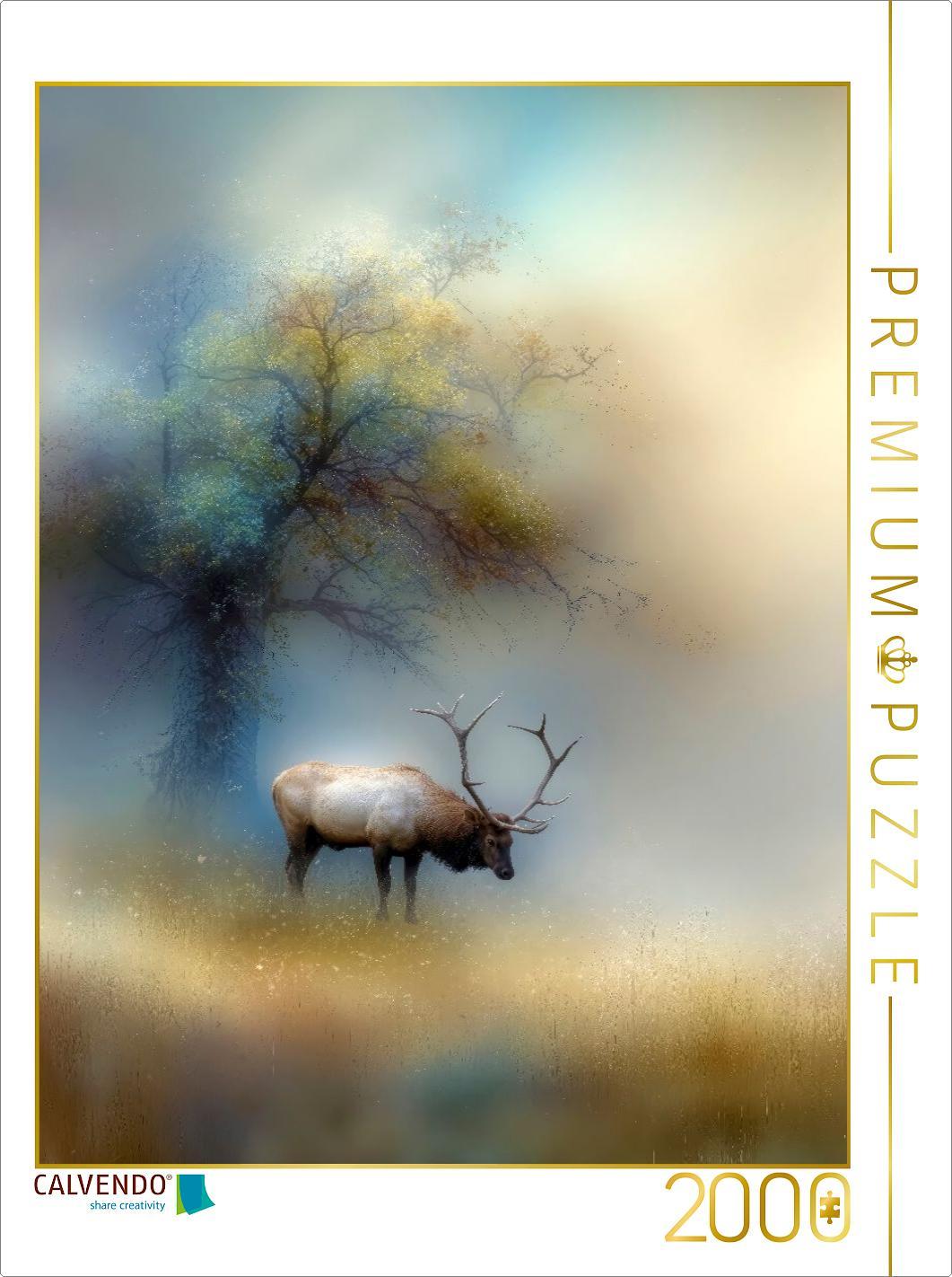 CALVENDO Puzzle Der Hirsch - der König des Waldes verharrt leise im Nebel | 2000 Teile Lege-Größe 90x67cm Foto-Puzzle für glückliche Stunden