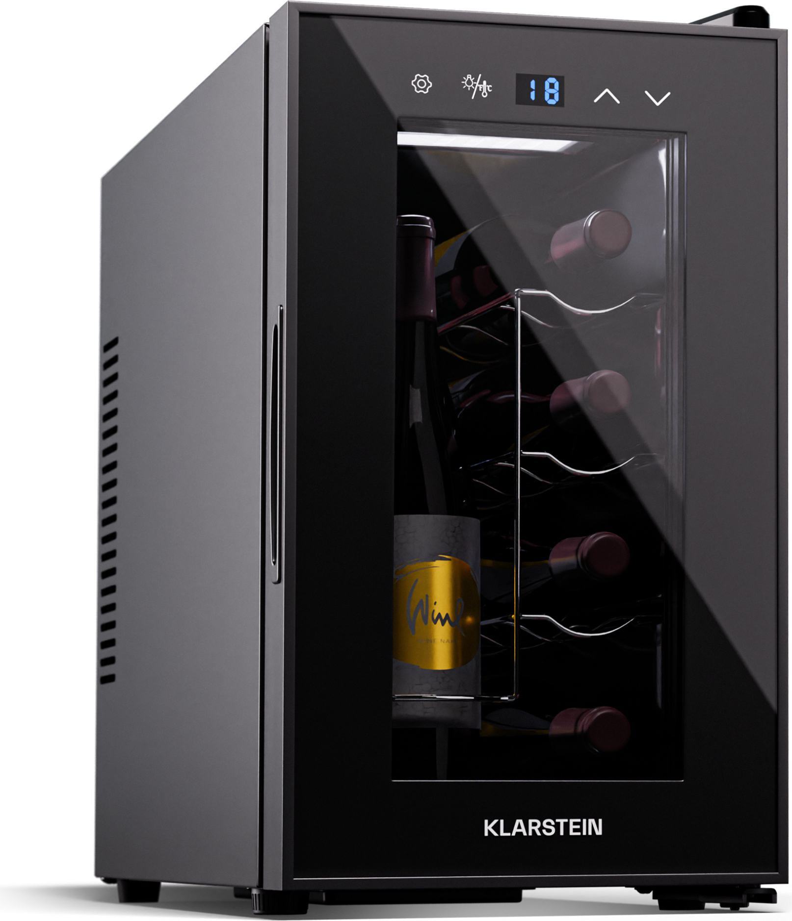 Klarstein Weinkühlschrank,1 Zone Getränkekühlschrank mit Glastür, Leiser Indoor/Outdoor Kühlschrank, 21L Flaschenkühlschrank Klein, Weinschrank für Getränke, Weinkühler für 8 Flaschen HEA-Shiraz 8- uno-bl