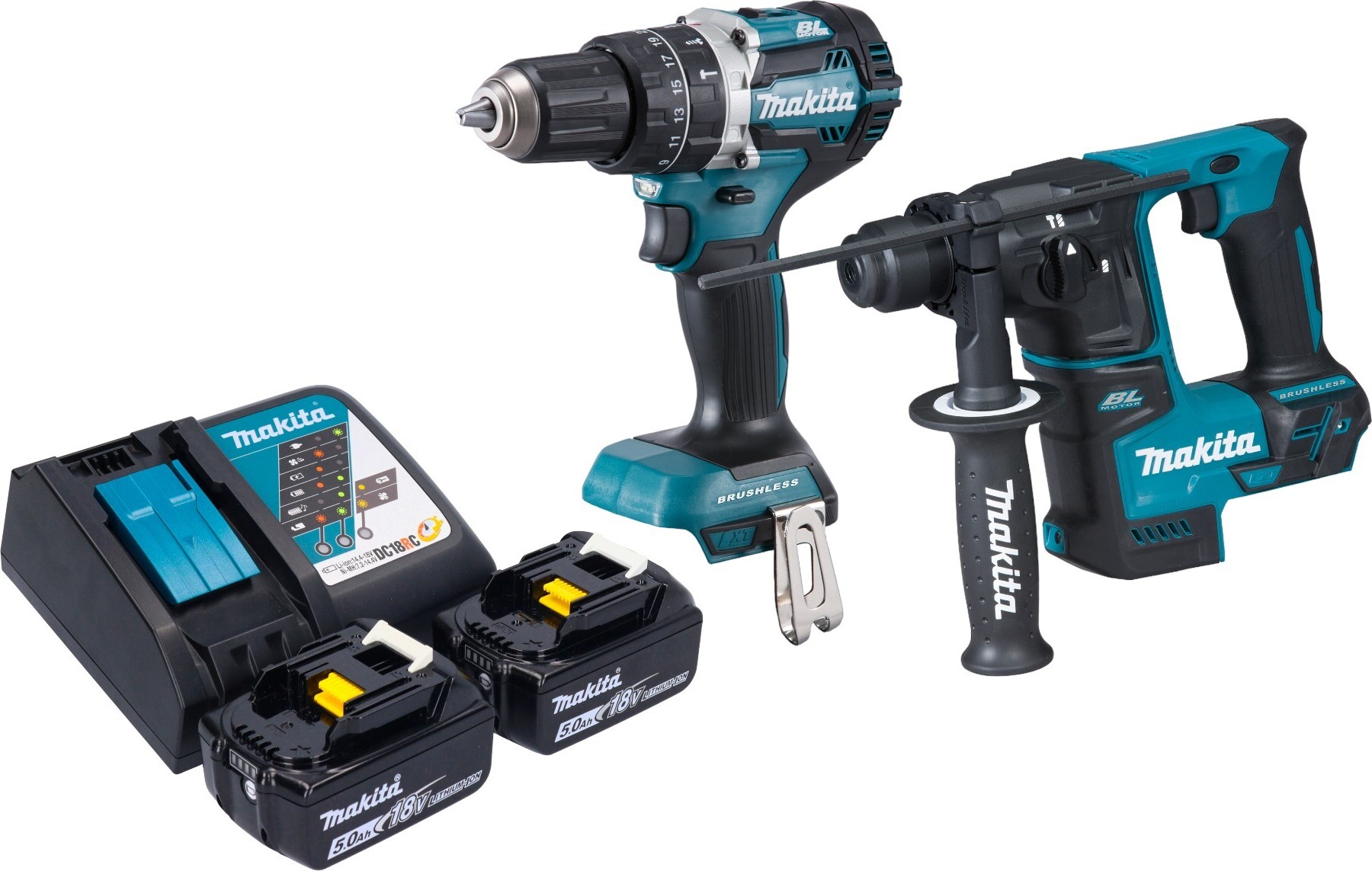 Akumulátorová kombinovaná súprava Makita DLX 2278 RT + príklepová vŕtačka DHP 484 54 Nm + vŕtacie kladivo DHR 171 1,2 J + 2x akumulátor 5,0 Ah + nabíjačka