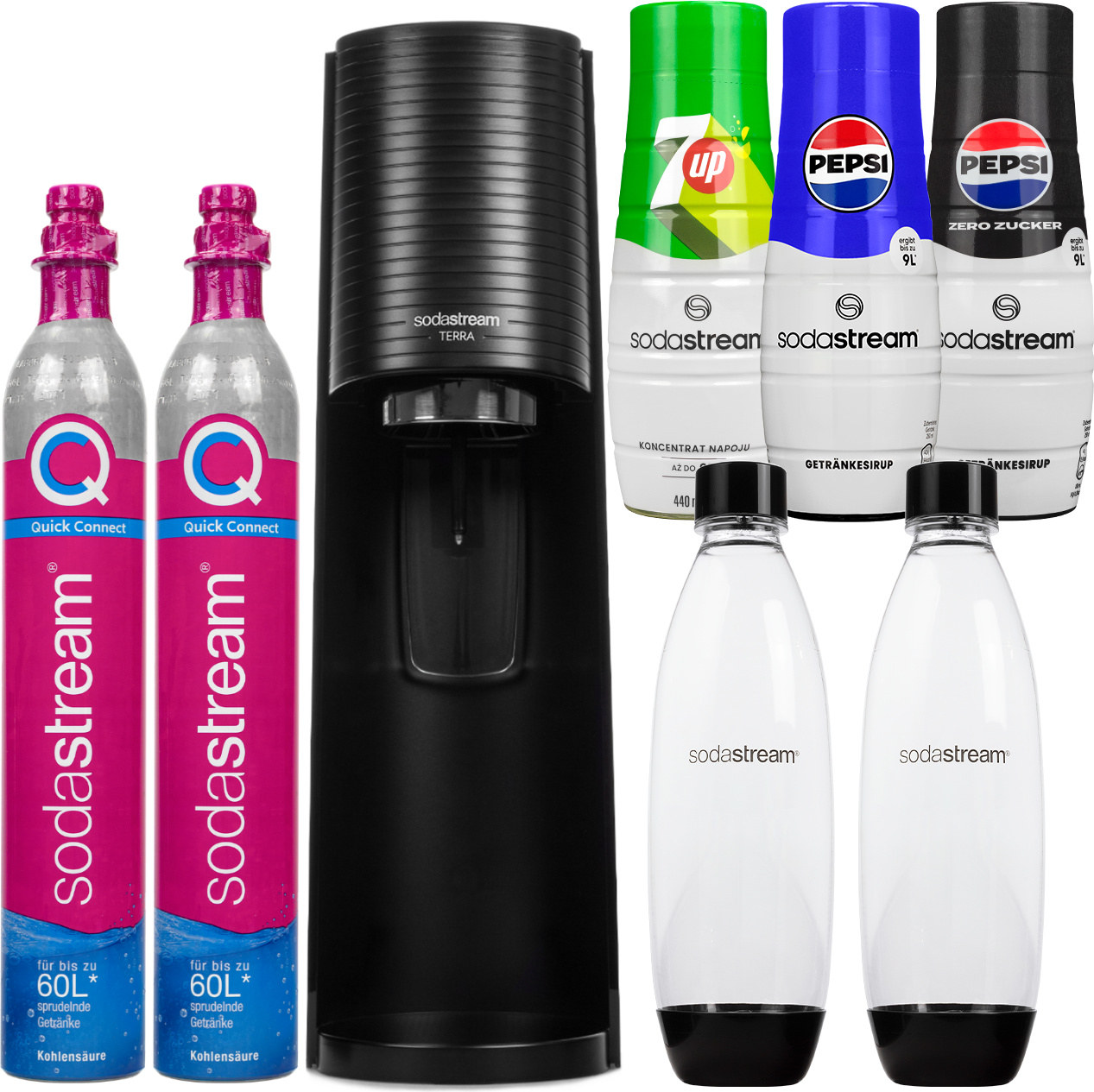 Výrobník perlivej vody Sodastream Terra Black 2 fľaše 2 fľaše 3 sirupy