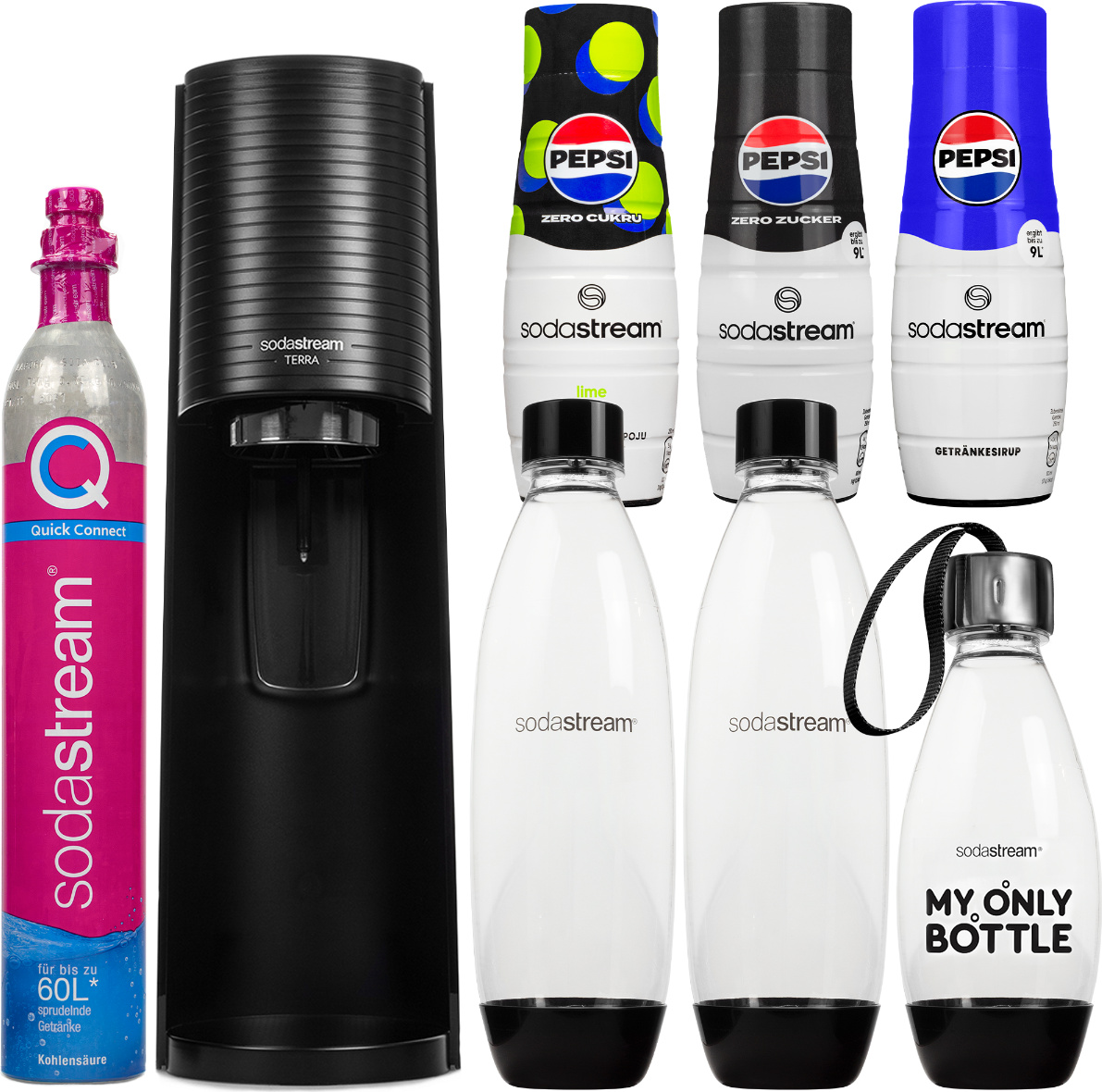 Výrobník perlivej vody SodaStream Terra Black + 3 fľaše + sirupy Pepsi, Pepsi MAX, Pepsi MAX Lime