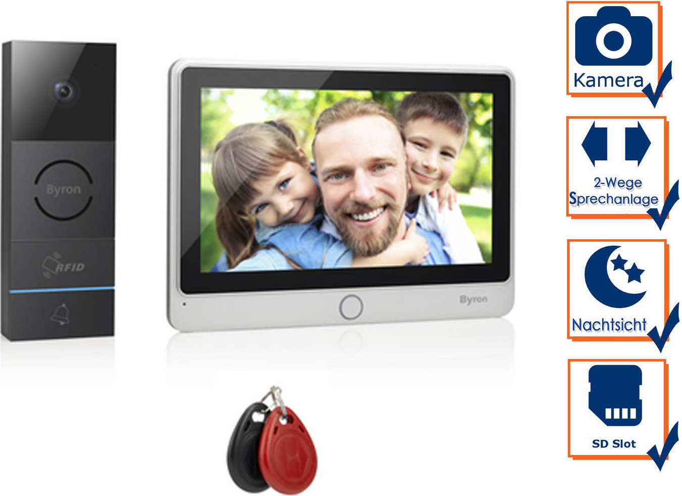 Byron RFID-Videogegensprechanlage mit einem 7 Zoll HD Touchscreen,Videoaufnahmefunktion Nachtsicht, DIC-24112