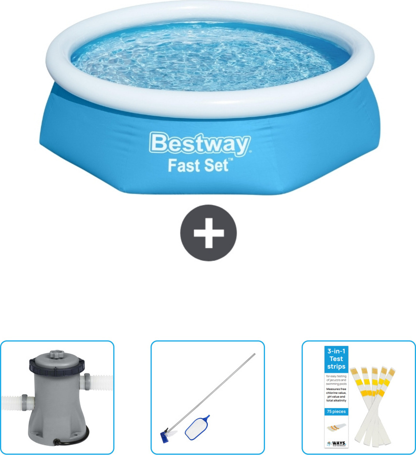 Bestway okrúhly nafukovací bazén Fast-Set - 244 x 61 cm - modrý - obsahuje čerpadlo - čistiacu súpravu - testovacie prúžky