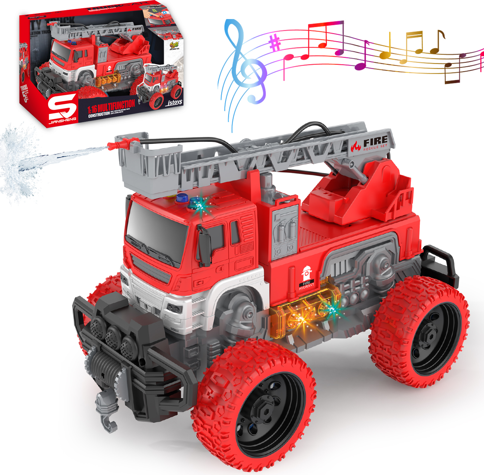 PENGBU RC Feuerwehrauto Feuerwehr Spielzeug ab 2 3 4 Jahre, mit Wasserspritze, Feuerwehr Auto Kinder mit Licht & Sound, 1:16