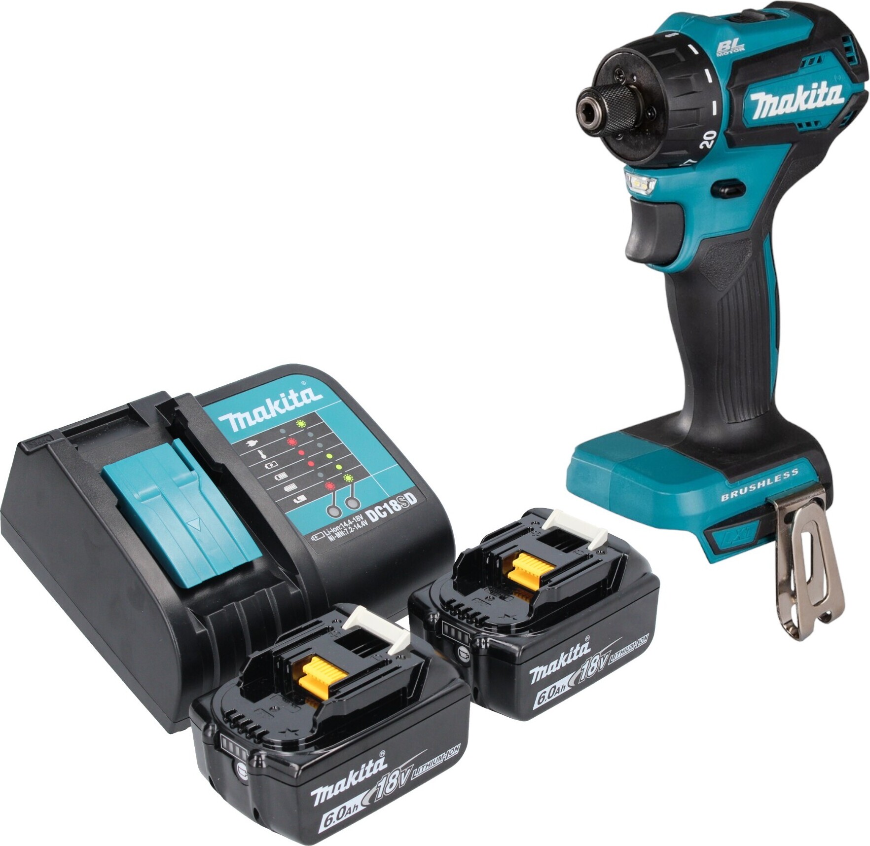 Akumulátorová vŕtačka Makita DDF 083 SG 18 V 40 Nm 1/4'' bez kefiek + 2x akumulátor 6,0 Ah + nabíjačka