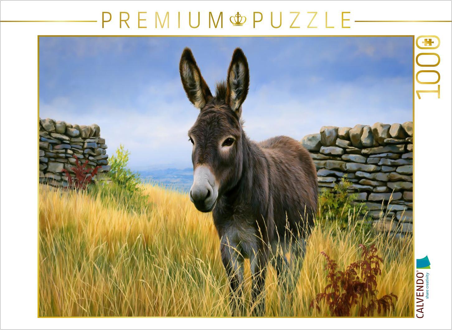 CALVENDO Puzzle Esel vor einer Trockenmauer | 1000 Teile Lege-Größe 64x48cm Foto-Puzzle für glückliche Stunden