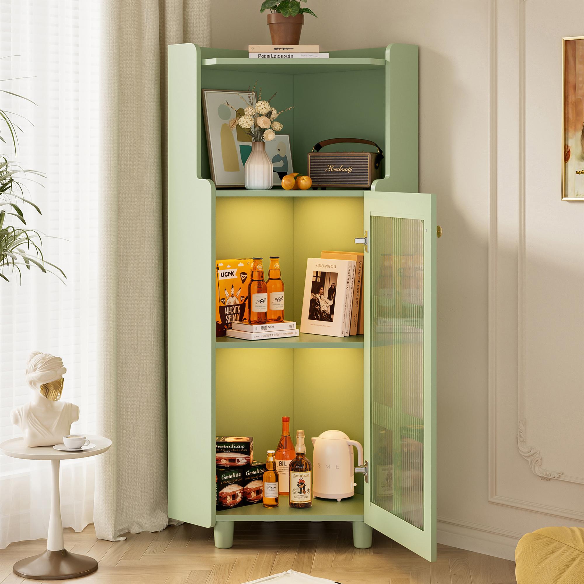 Fortuna Lai Gmbh Fortuna Lai Grüner Eck-Schrank mit Lackoberfläche & LED-Beleuchtung – Moderne Eck-Kommode mit App-Steuerung, für Wohnzimmer, Bücherregal, Badezimmer (63.5*124 cm, Grün)