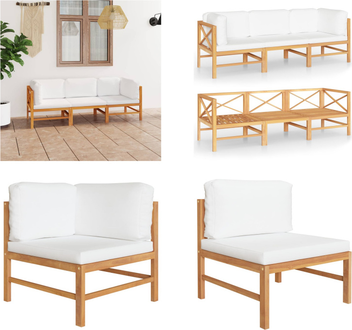 vidaXL 3-miestna záhradná pohovka s krémovými vankúšmi z masívneho teakového dreva - Záhradná pohovka - Záhradné pohovky - Drevená pohovka - Drevené pohovky