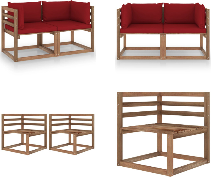 vidaXL Záhradná 2-miestna pohovka z paliet s vankúšmi z borovicového dreva v červenej farbe - Pohovka z paliet - Pohovka z paliet z dreva - Záhradná pohovka