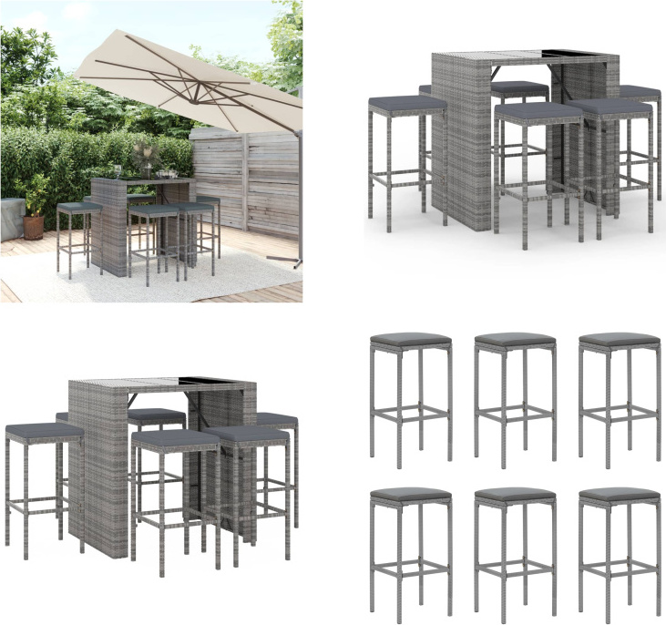 vidaXL 7 tlg. Gartenbar Set mit Kissen Grau Poly Rattan - Gartenbar Set - Gartenbar Sets - Garten Bar Set - Gartenbar