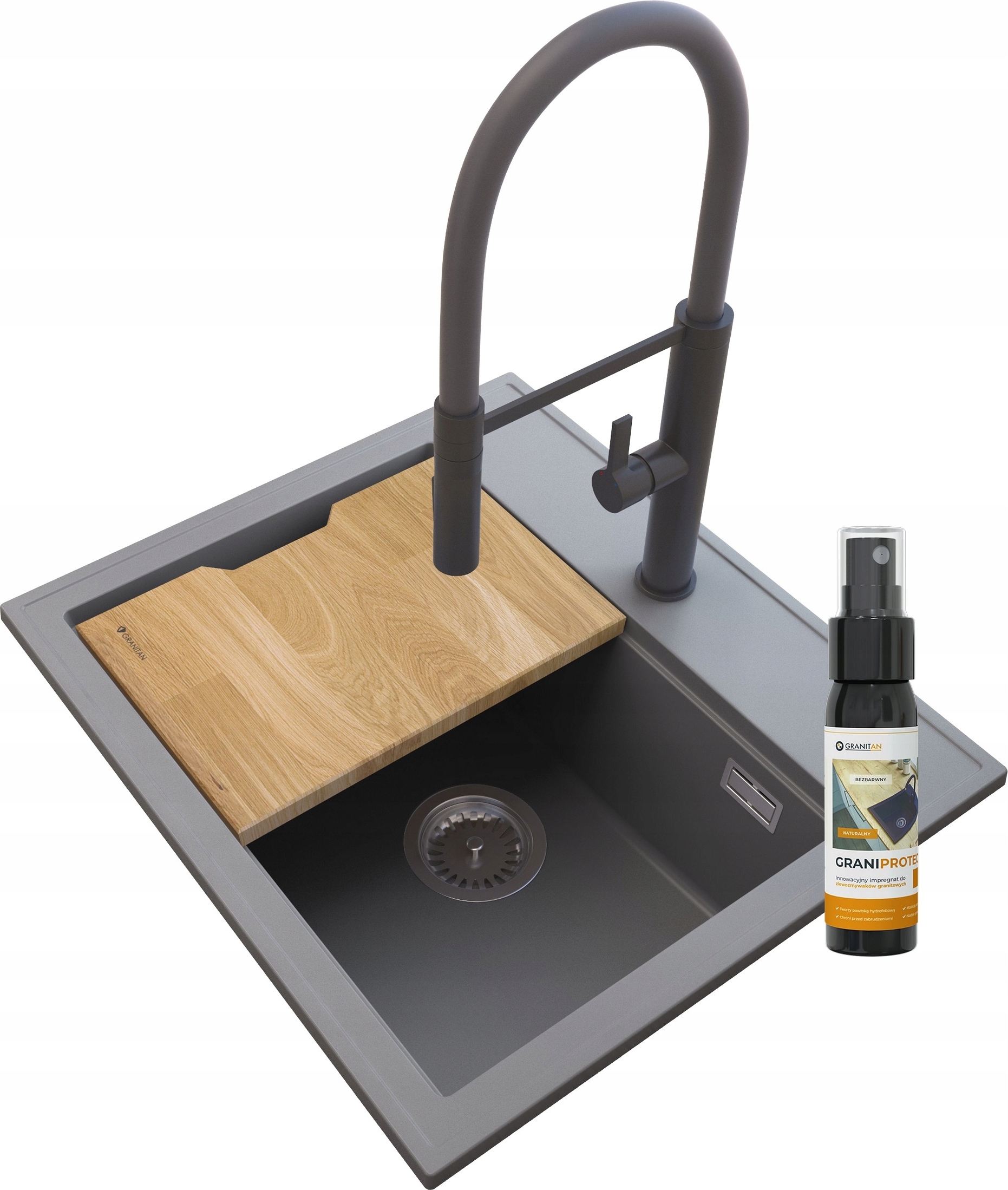 Granitan | Granitspüle FOXAL - Grau - hohe schwarze Küchenarmatur - inkl. Holzbrett und Pflegeprodukt