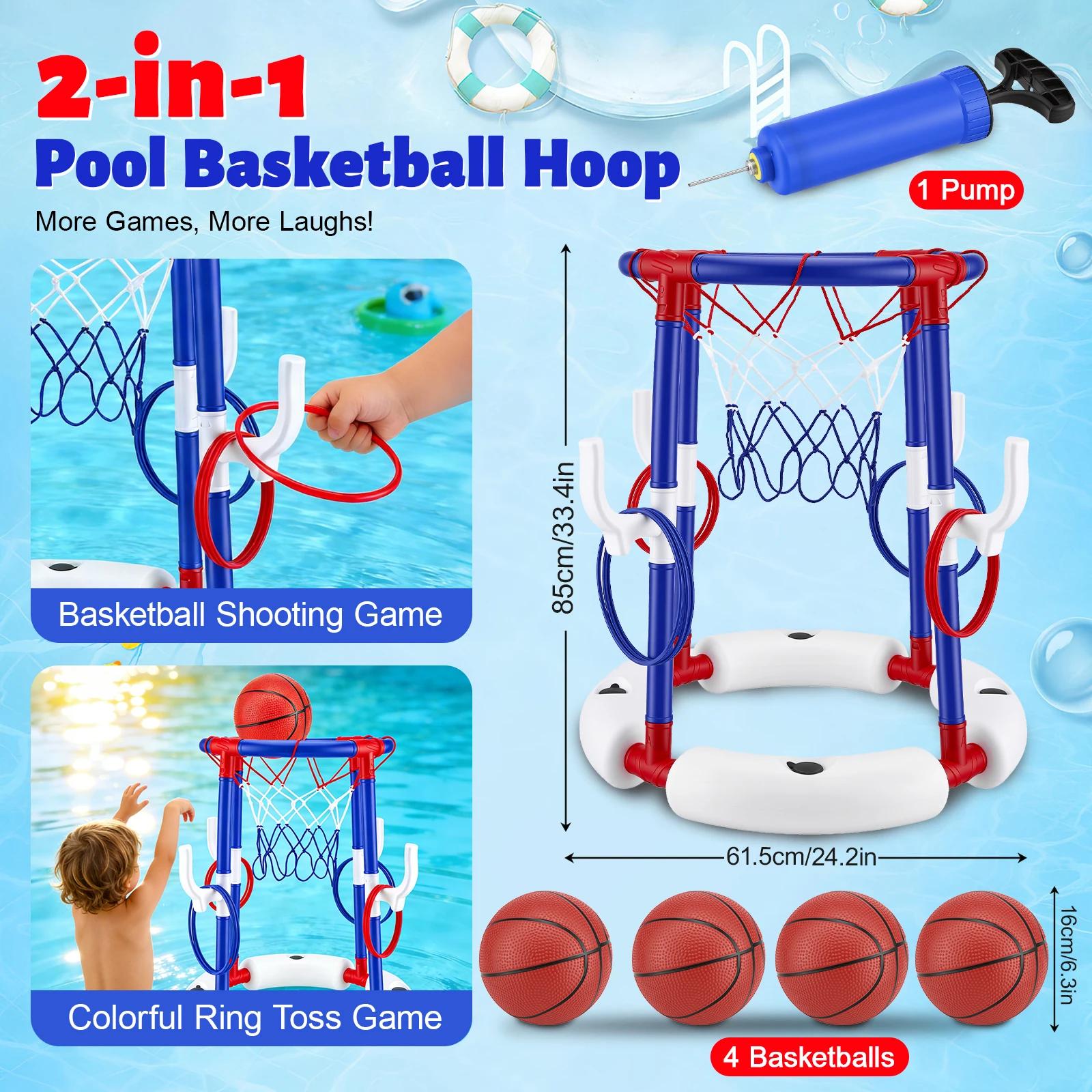 StarTech Poolspiel 2-in-1 - Basketballkorb und Ringwurfspiel - 4 Bälle - 12 Ringe - Mit Pumpe - Für den Pool - Blau