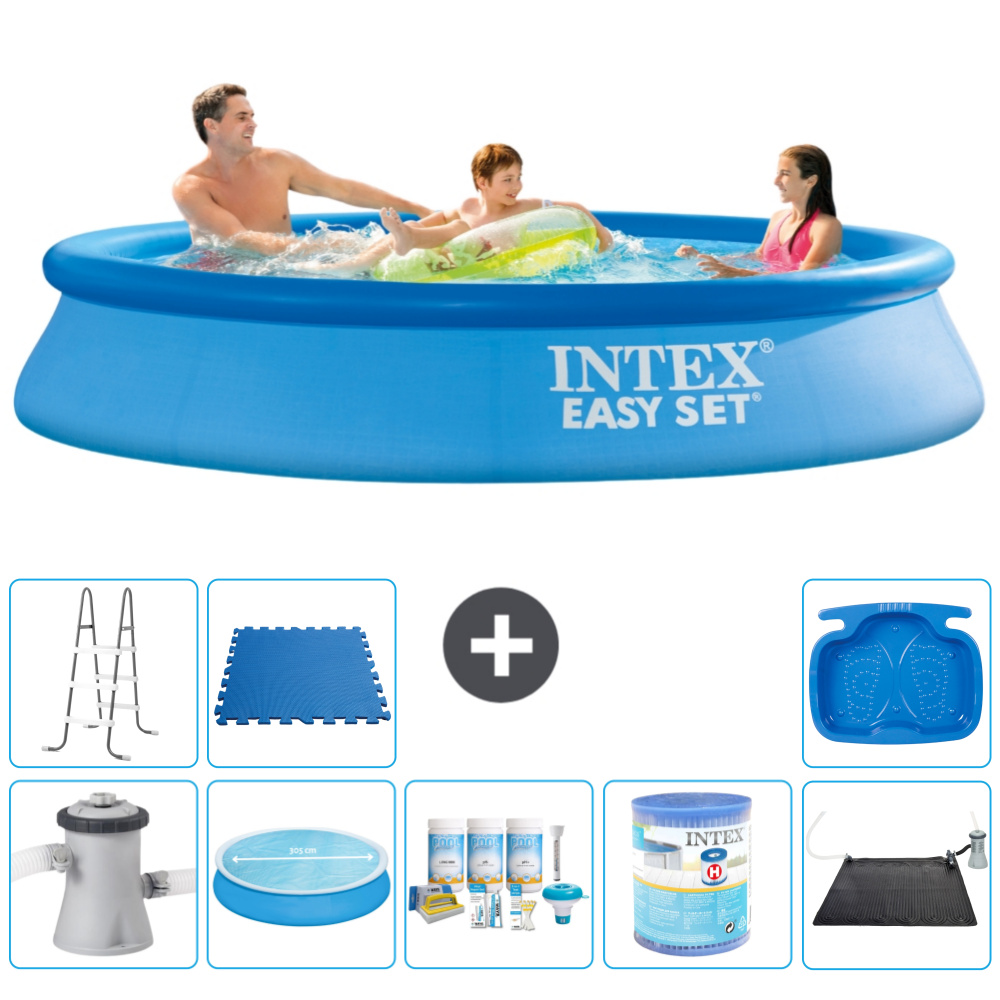 Okrúhly nafukovací bazén Intex Easy Set - 305 x 61 cm - modrý - vrátane markízy s čerpadlom - balík na údržbu - filter - solárna podložka - rebrík - vaňa na nohy