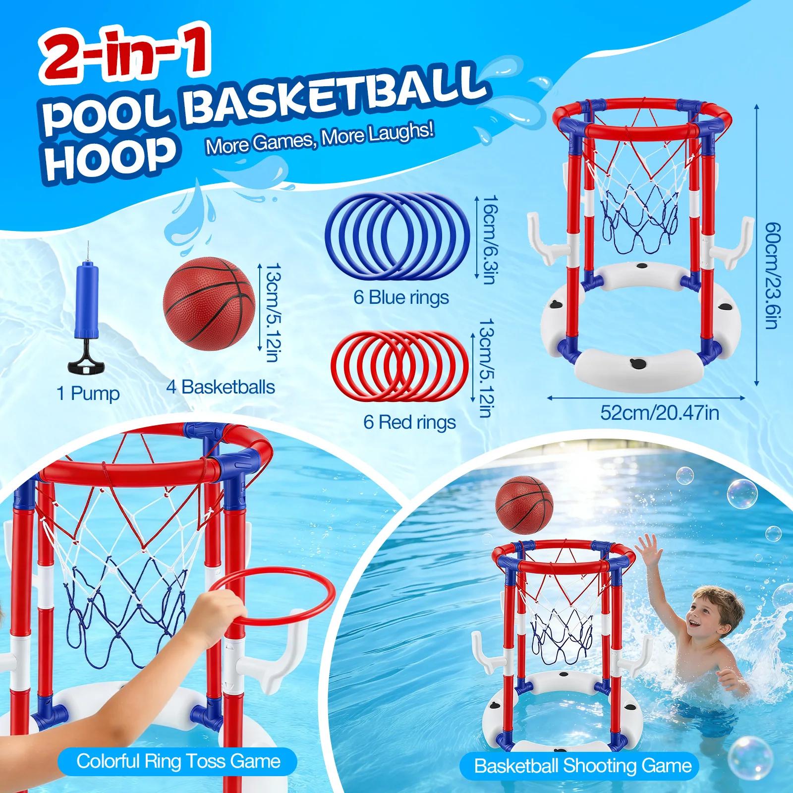 StarTech Pool-Basketballkorb und Ringwurfspiel - Poolspiel - 2-in-1 - 4 Bälle - 12 Ringe - Mit Pumpe - Ab 3 Jahren - Rot