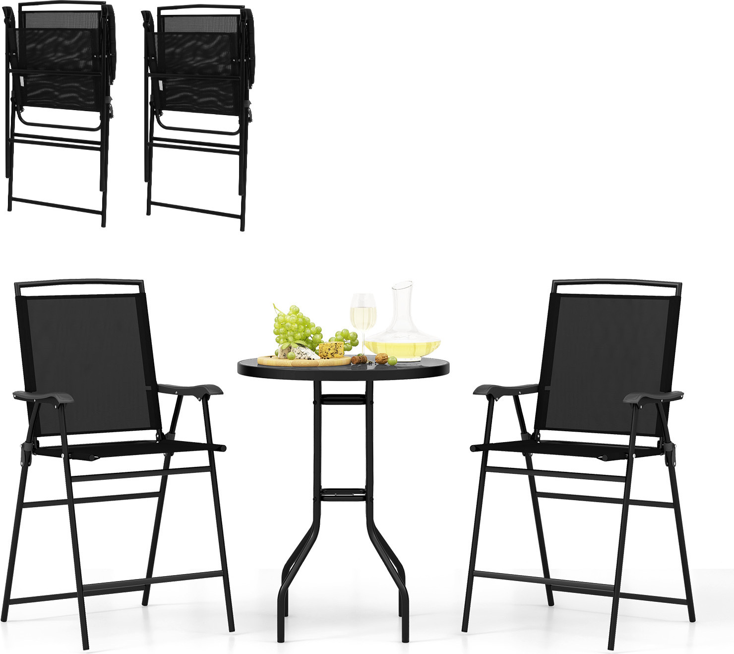 KOMFOTTEU bistro set, záhradný set, stôl s otvormi na slnečník, 2 skladacie stoličky, set stola a stoličiek na terasu, záhradný nábytok na balkón, čierny
