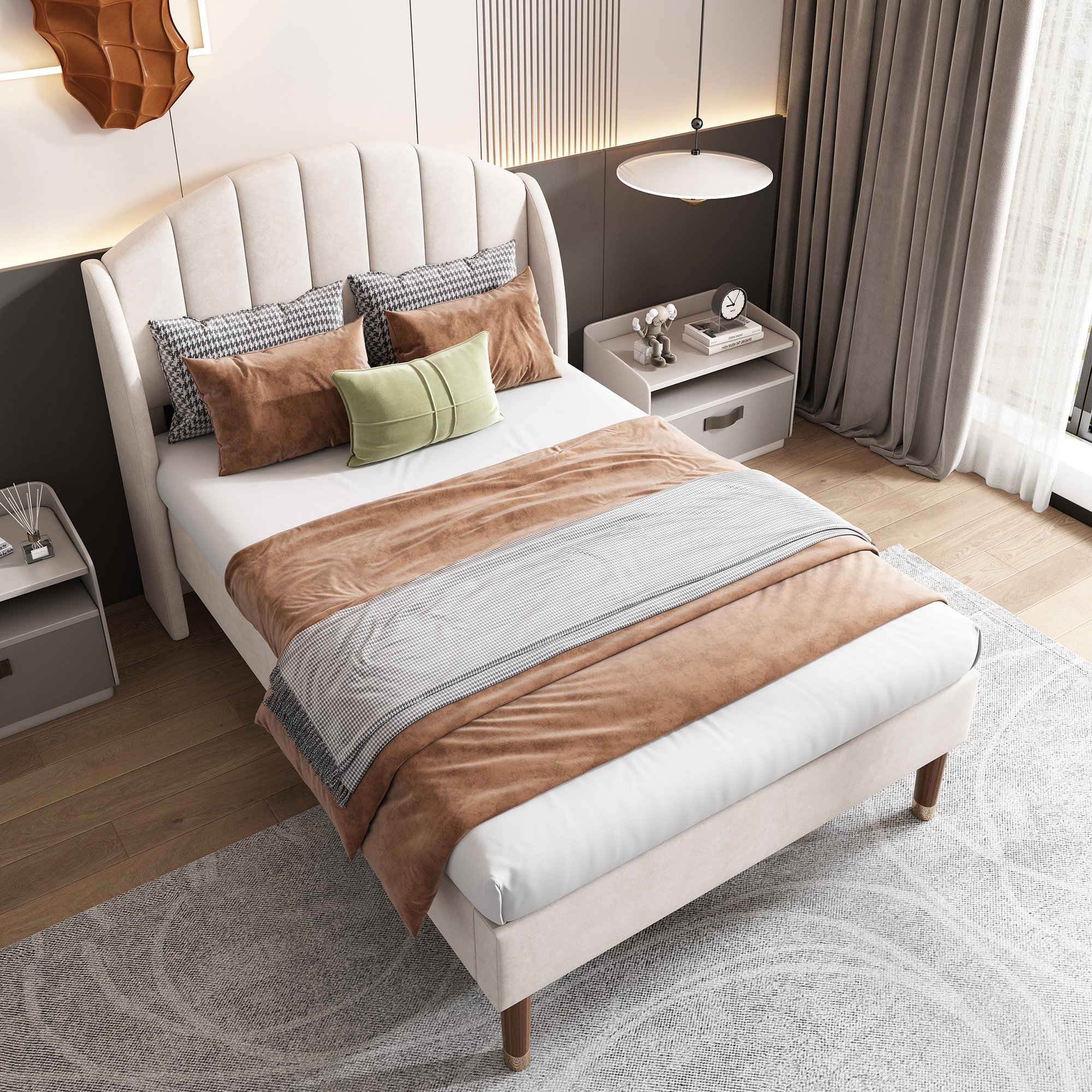 MODFU Polsterbetten 90x200cm, Einzelbet Jugendbett Massivholzbett mit Samtbezug(Ohne Matratze),Beige