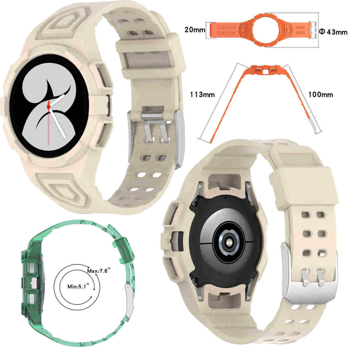 Pre Samsung Galaxy Watch FE / 4 40 mm remienok s ochranným puzdrom béžová