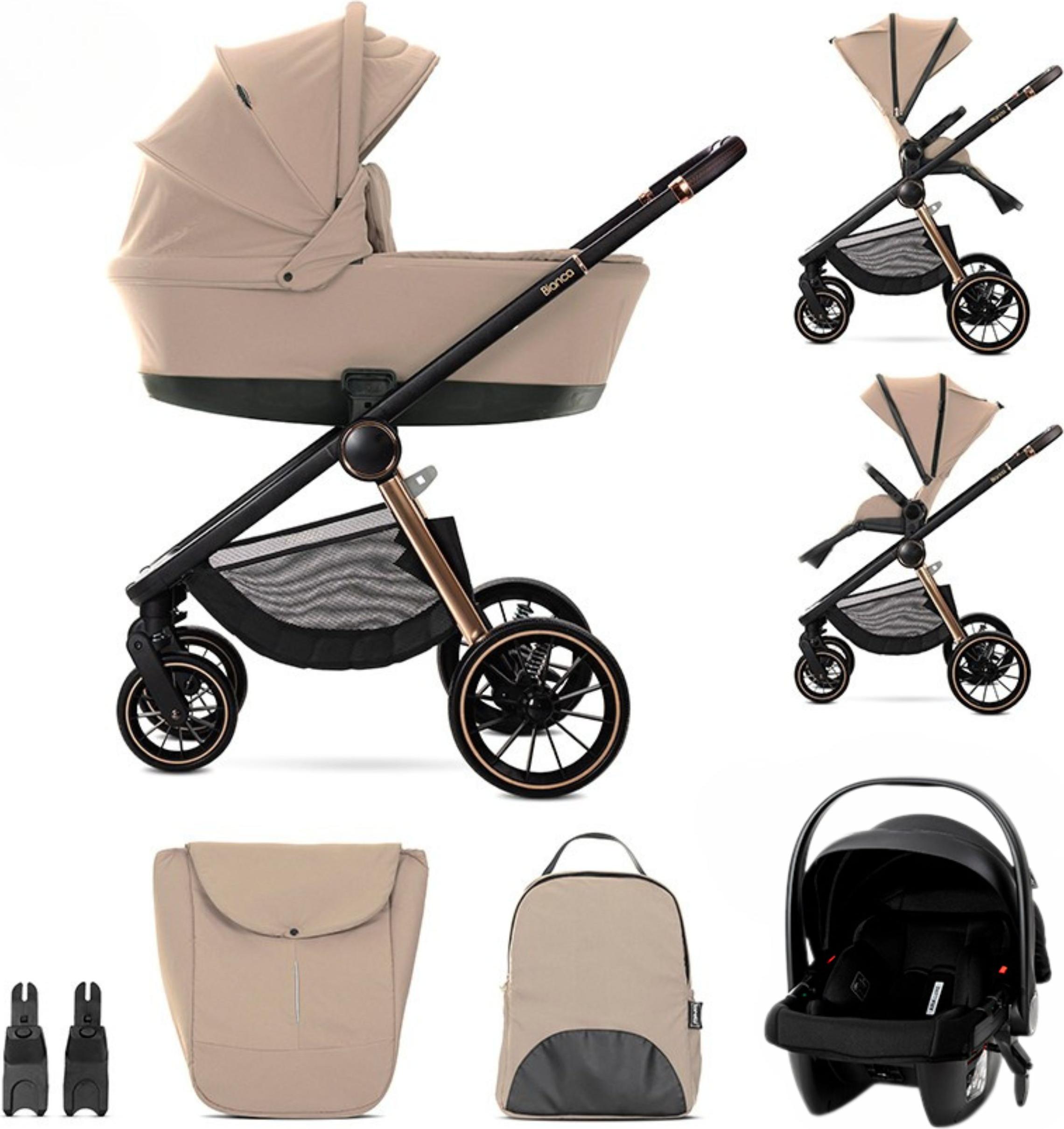 Lorelli BIANCA 3in1 Kombikinderwagen bis 22 kg – Babywanne (Anti-Reflux) + umsetzbarer Sportsitz + i-Size Babyschale ARIA LUXE 40–87 cm