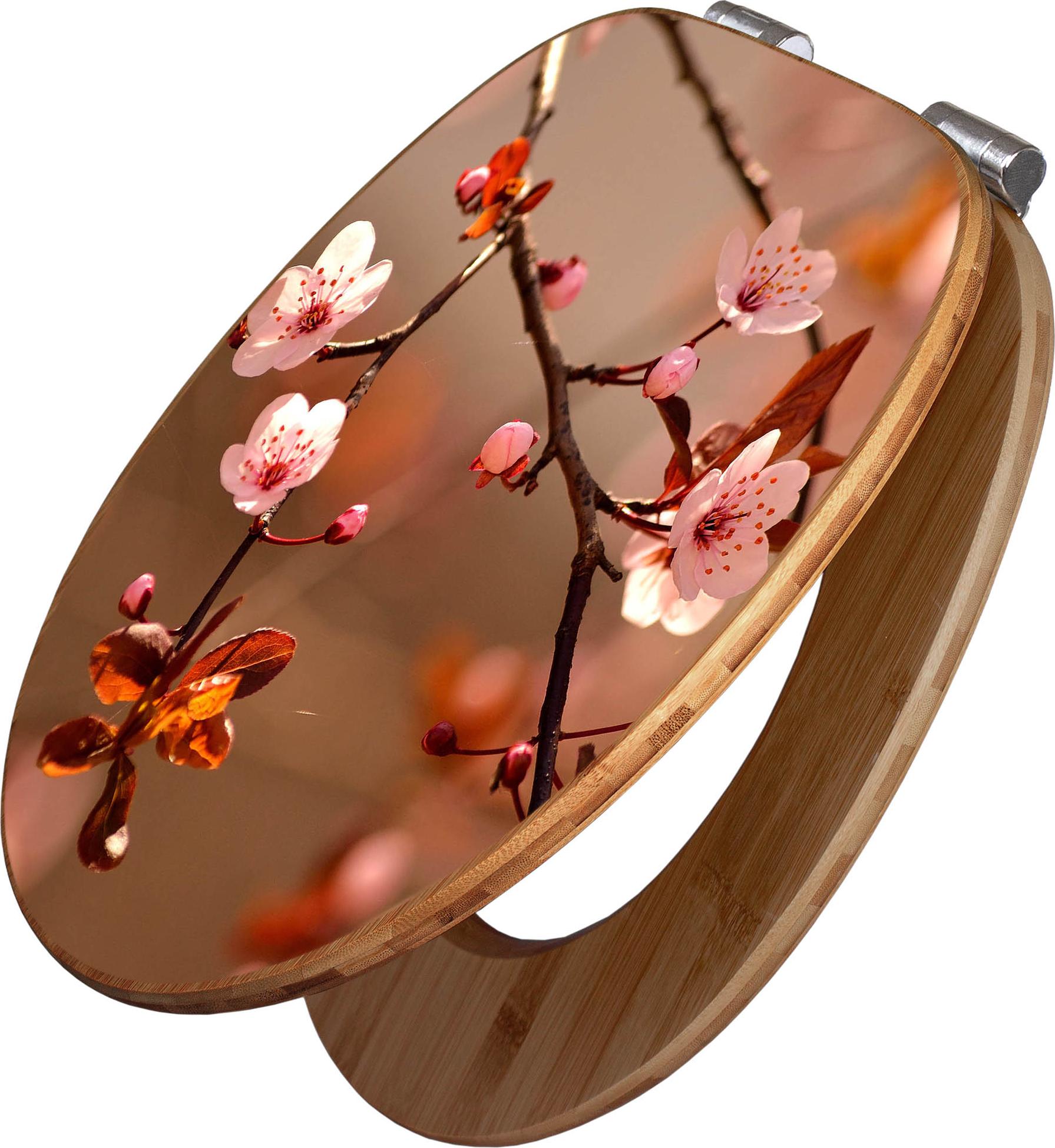 banjado Design WC Sitz Bambus Absenkautomatik -Blühender Kirschzweig - Toilettendeckel mit Absenkautomatik Holz/hochwertiger Bambus Klodeckel/WC-Sitz für alle gängigen Toiletten [TDB2 12287]