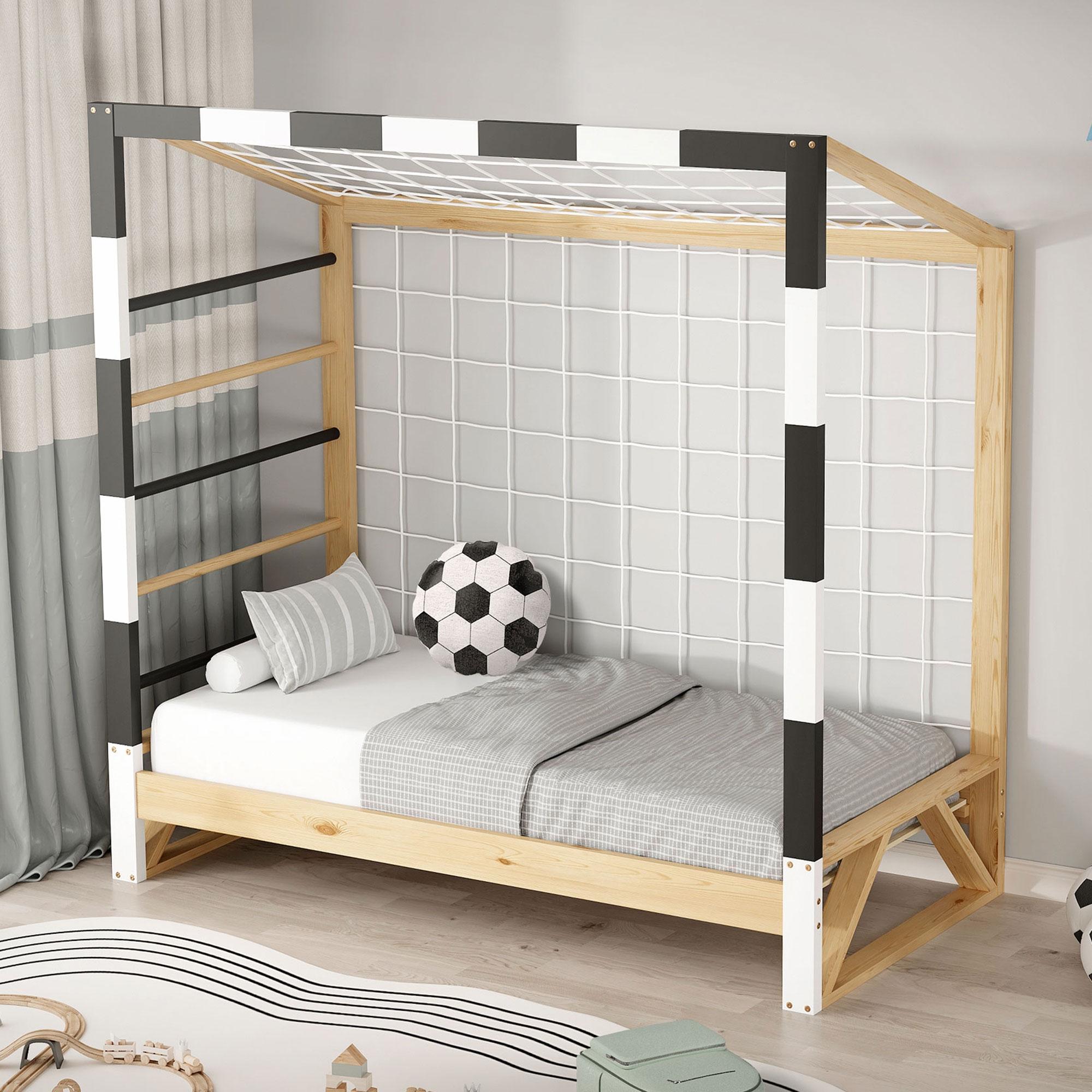 ML-Design Kinderbett Fußballtor 70x140 cm Holzbett mit Lattenrost Kletterleiter & Netz Jugendbett aus Kiefernholz Einzelbett für Kinder Handballtor 490016849