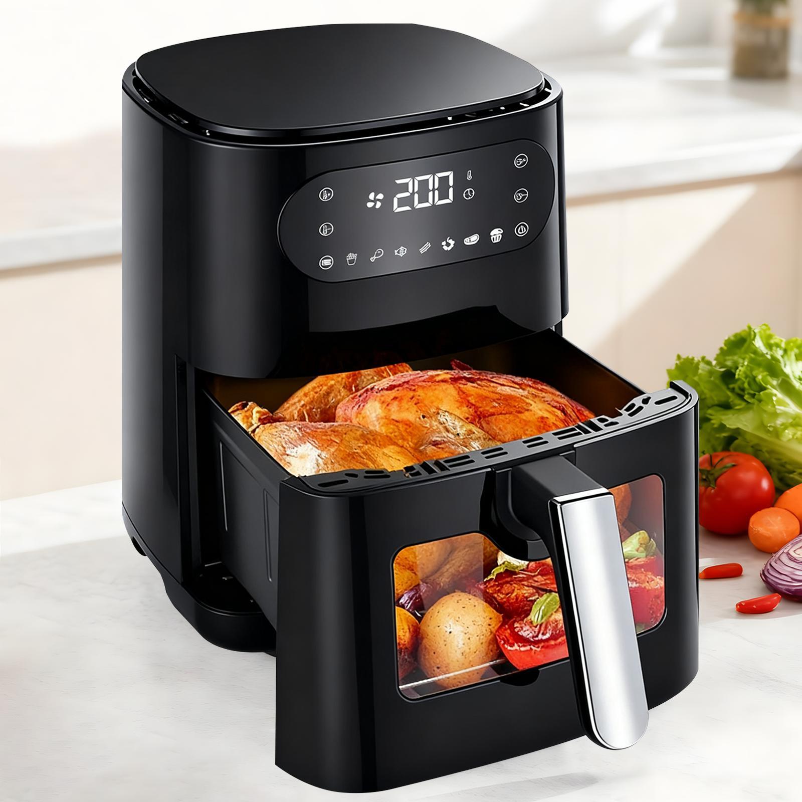 ZMH Teplovzdušná fritéza xxl 6L Airfryer Black Jeden kôš Prehľadné okienko 7 programov varenia 11 funkcií Časovač Dotykový displej 10 Papier na pečenie pre rodinnú kuchyňu