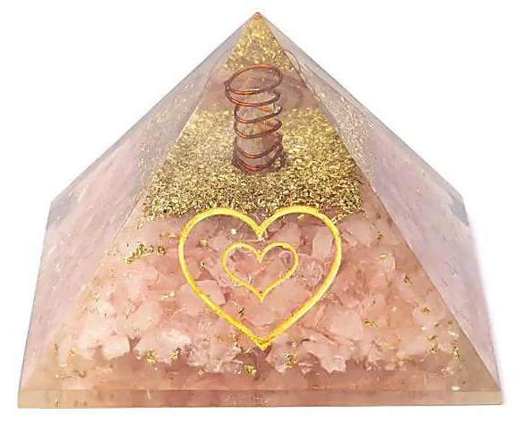 phoenix Orgonitpyramide Rosenquarz mit Herz – ±7,5 cm