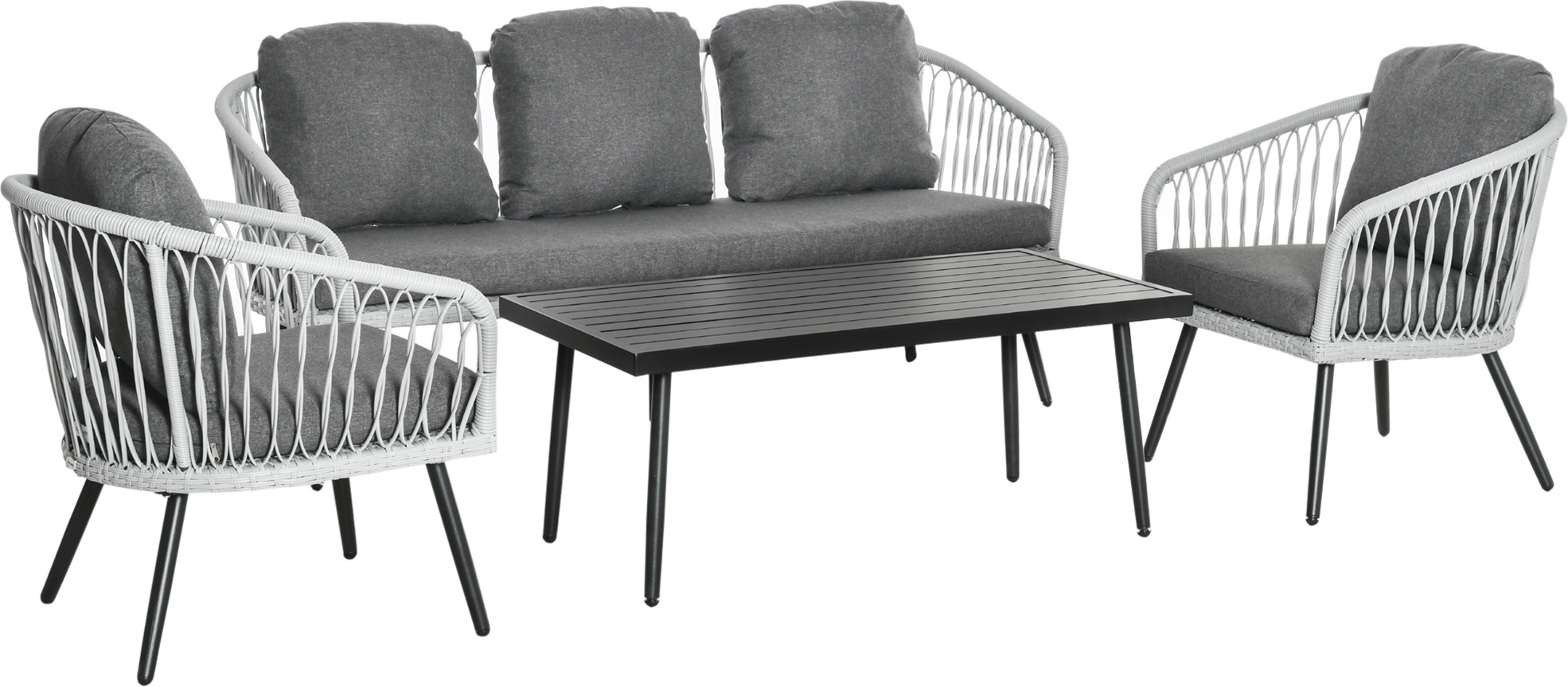 Outsunny Polyratanový záhradný nábytok Set 4-dielna sedacia súprava Rat Sofa Set Sedacia súprava na prestávku Lounge Čajový stolík s vankúšmi na pohovku Hliníková sivá