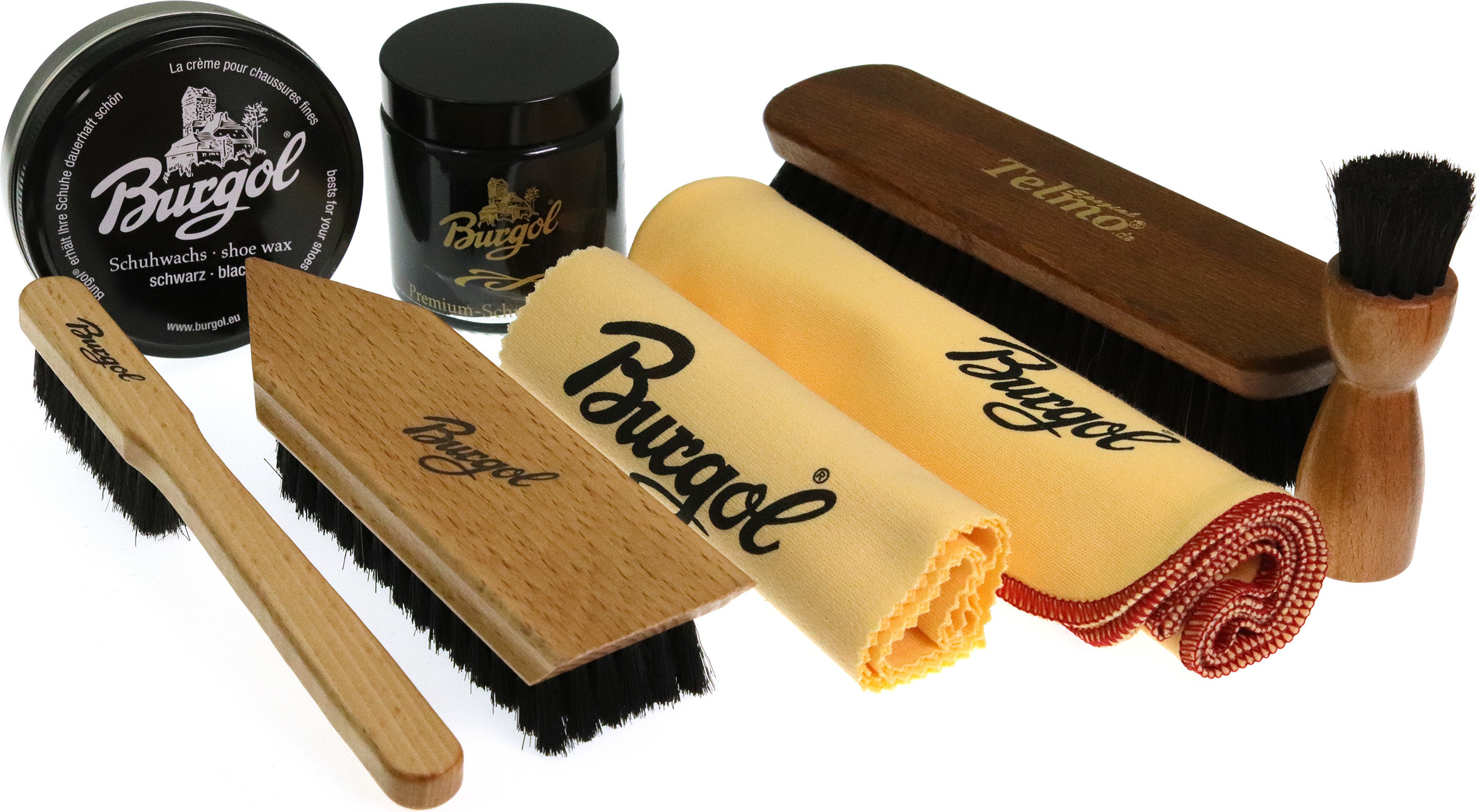 TelMo kleines Bürsten- und Schuhpflegekit Schwarz Pomade und Schuhwachs