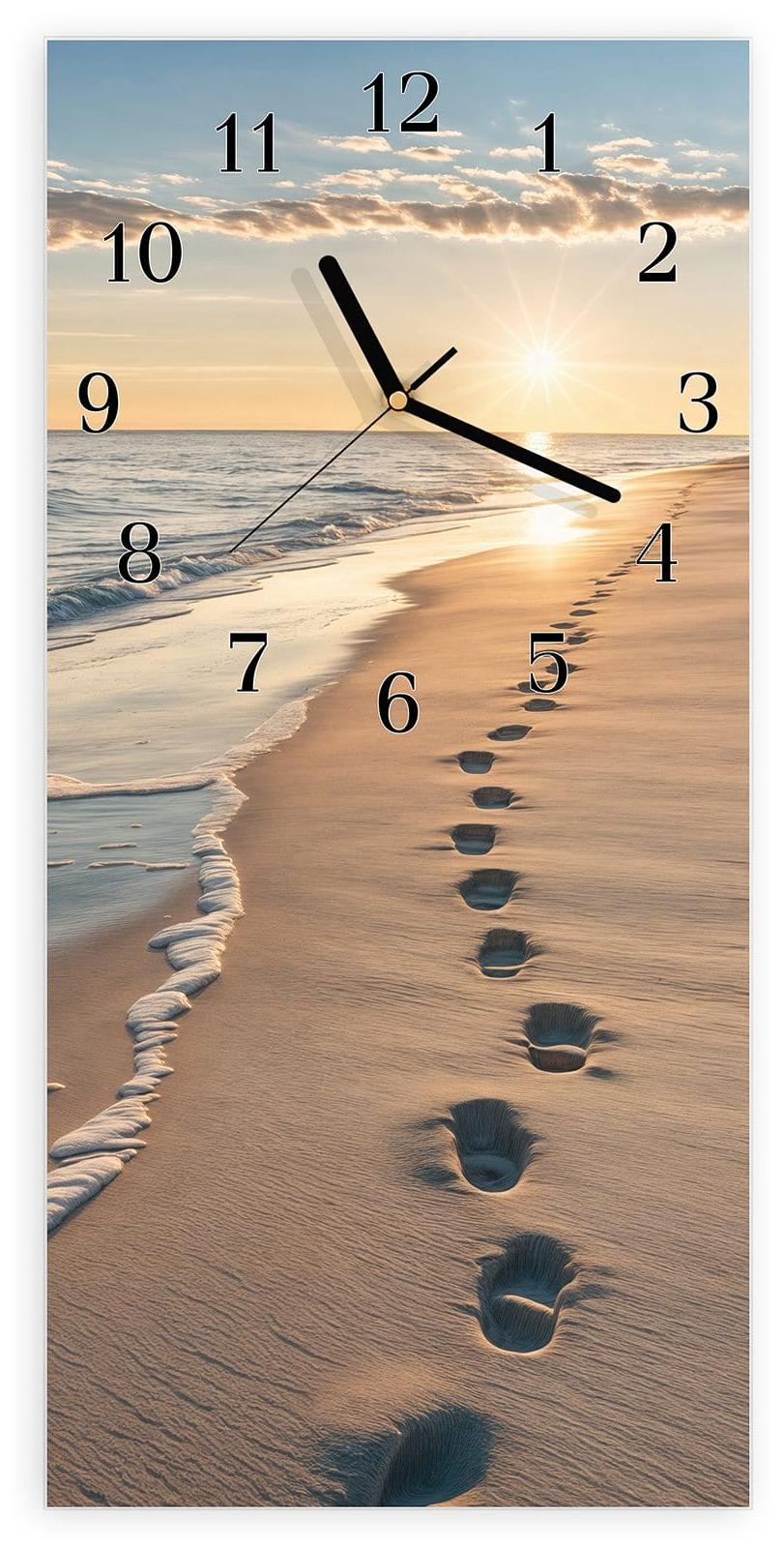Primedeco Wanduhr aus Glas mit Motiv Strandspuren- 30 x 60 cm - inkl. Aufhängesystem