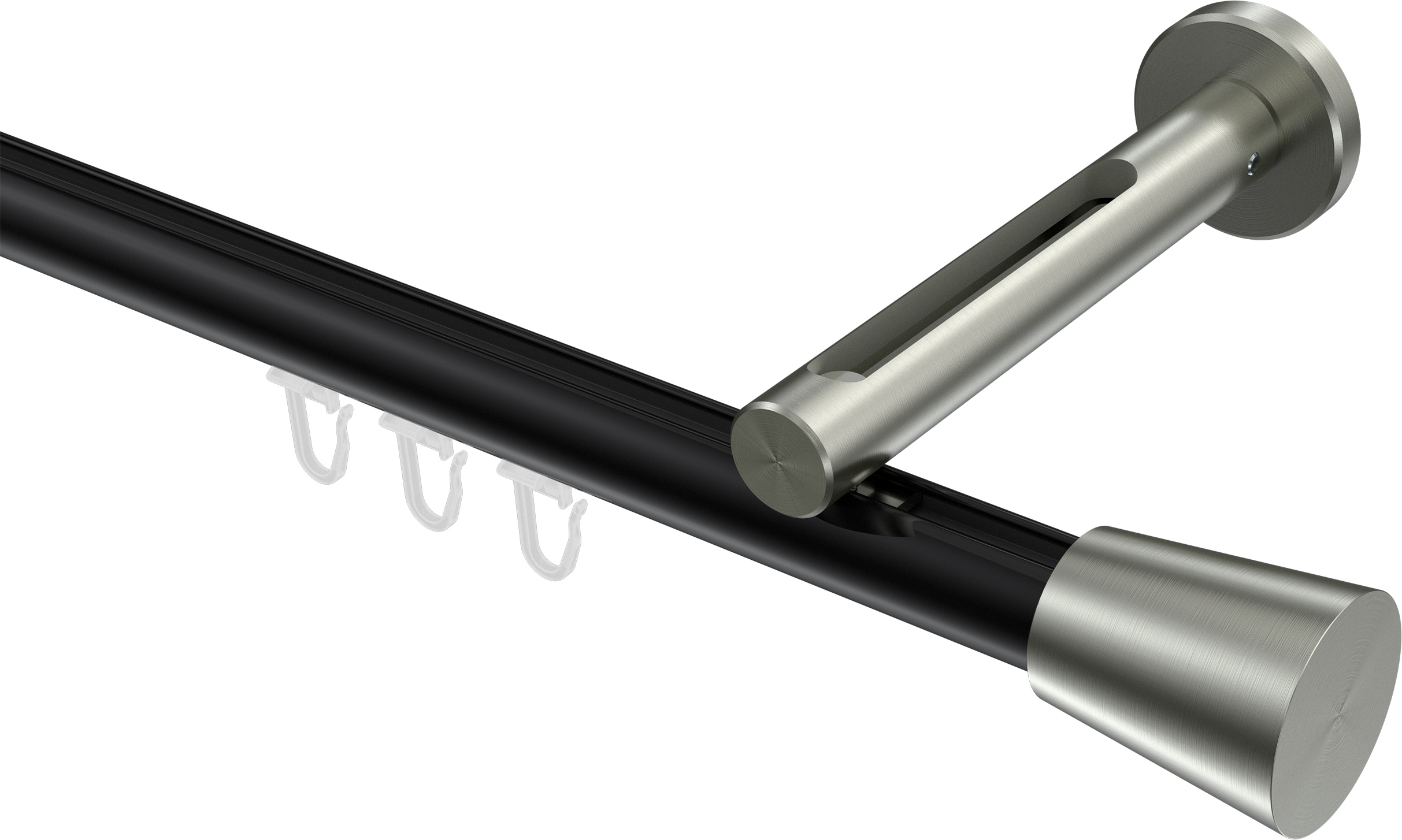 Interdeco Innenlaufstange / Gardinenstange mit Innenlauf Schwarz / Edelstahl-Optik, Typ Siteno Sitra (Konus), 20 mm Ø 1-läufig, 120 cm 10214645-122939_KLA