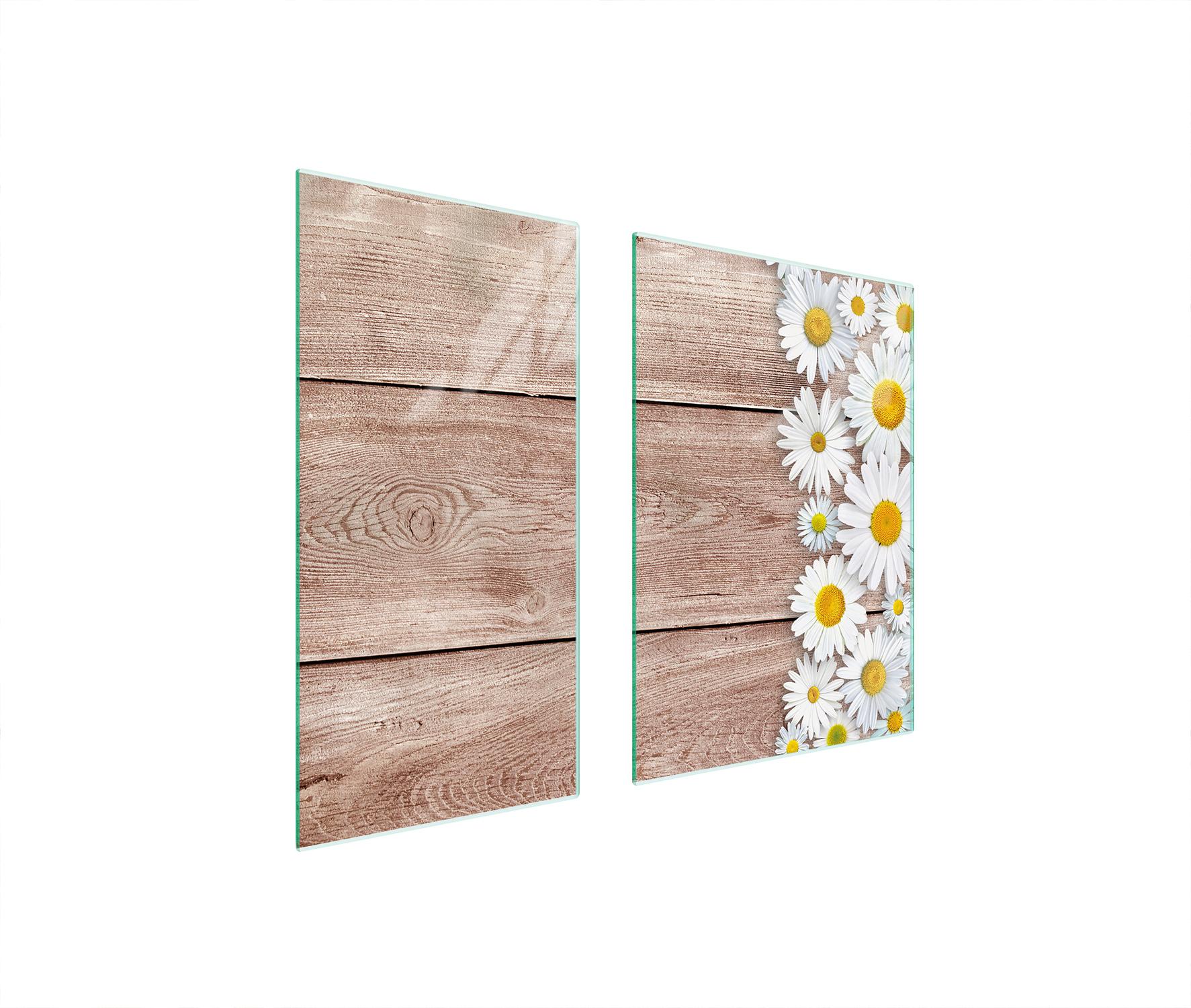 TMK ArtDeko Herdabdeckplatten 2 teilig 75x52 Ceranfeld Abdeckung Glas Schneidebrett Gänseblümchen Holz