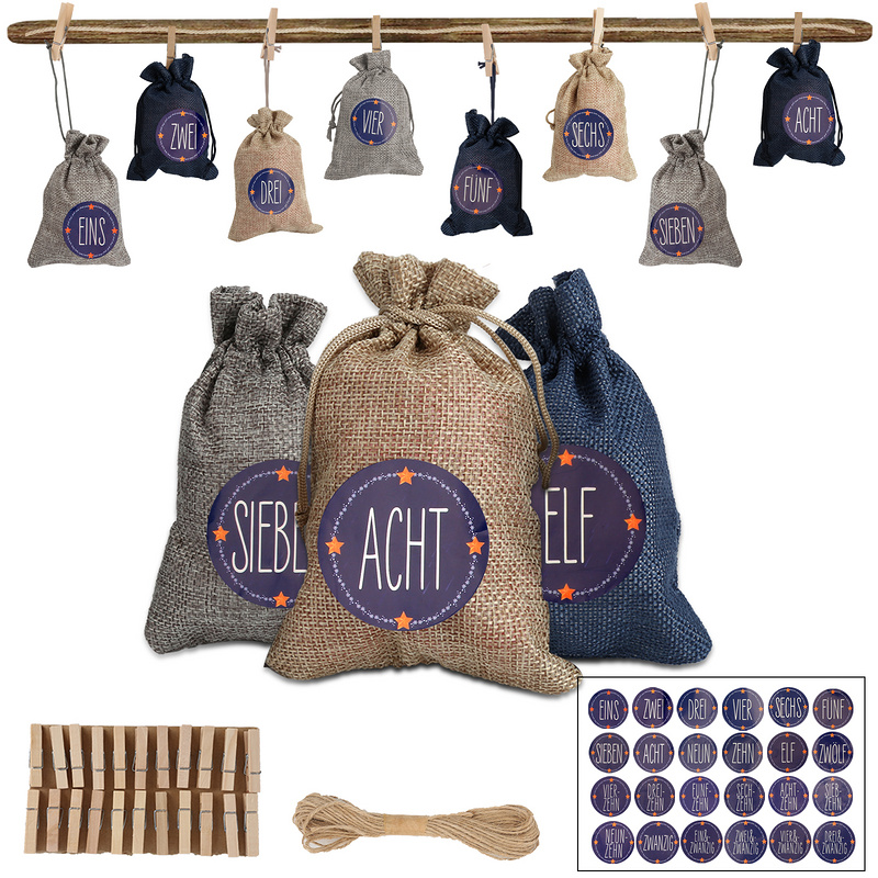 Fiqops Adventný kalendár na vyplnenie vianočných tašiek Dekor 24 textilných tašiek Modrá / biela / sivá