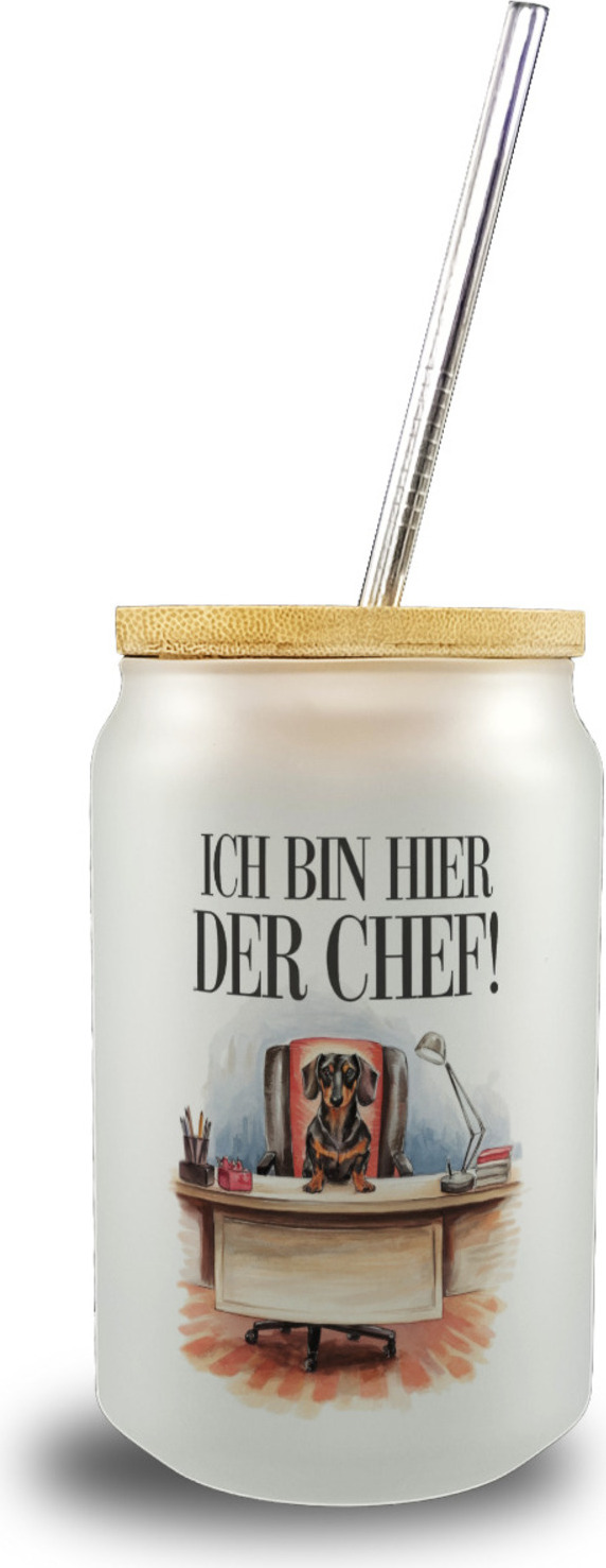speecheese Ich bin hier der Chef Trinkglas mit Bambusdeckel Dackel auf Bürostuhl